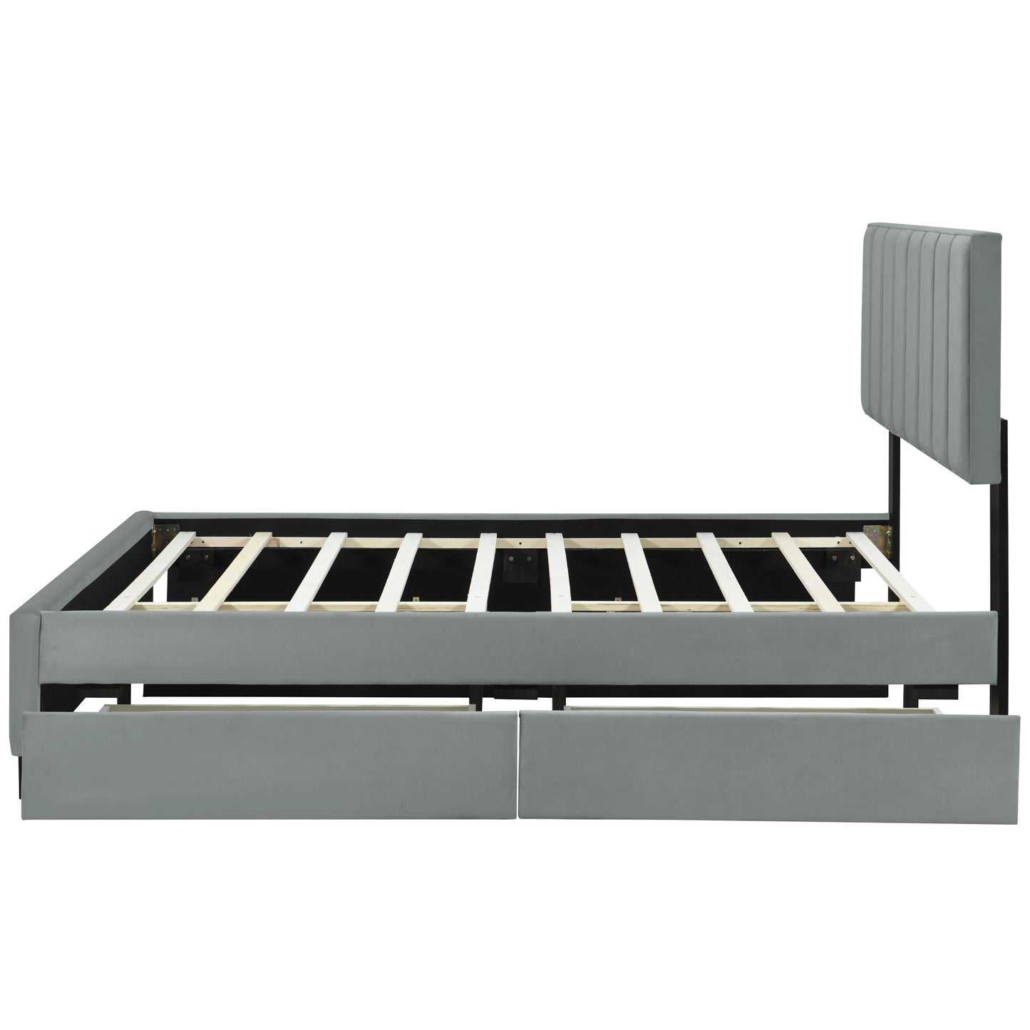 Upholstered Platform Bed With 2 Drawers And 1 Trundle, Classic Strip Headboard Design