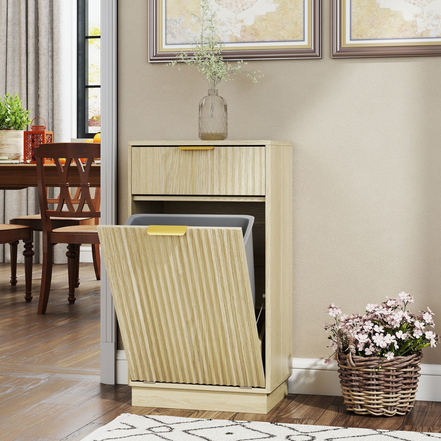 Tilt Out Trash Can Cabinet With Wave Textured Drawer & Pull Out Bin