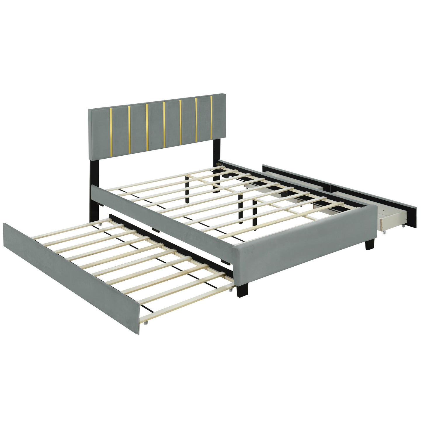 Upholstered Platform Bed With 2 Drawers And 1 Trundle, Classic Strip Headboard Design