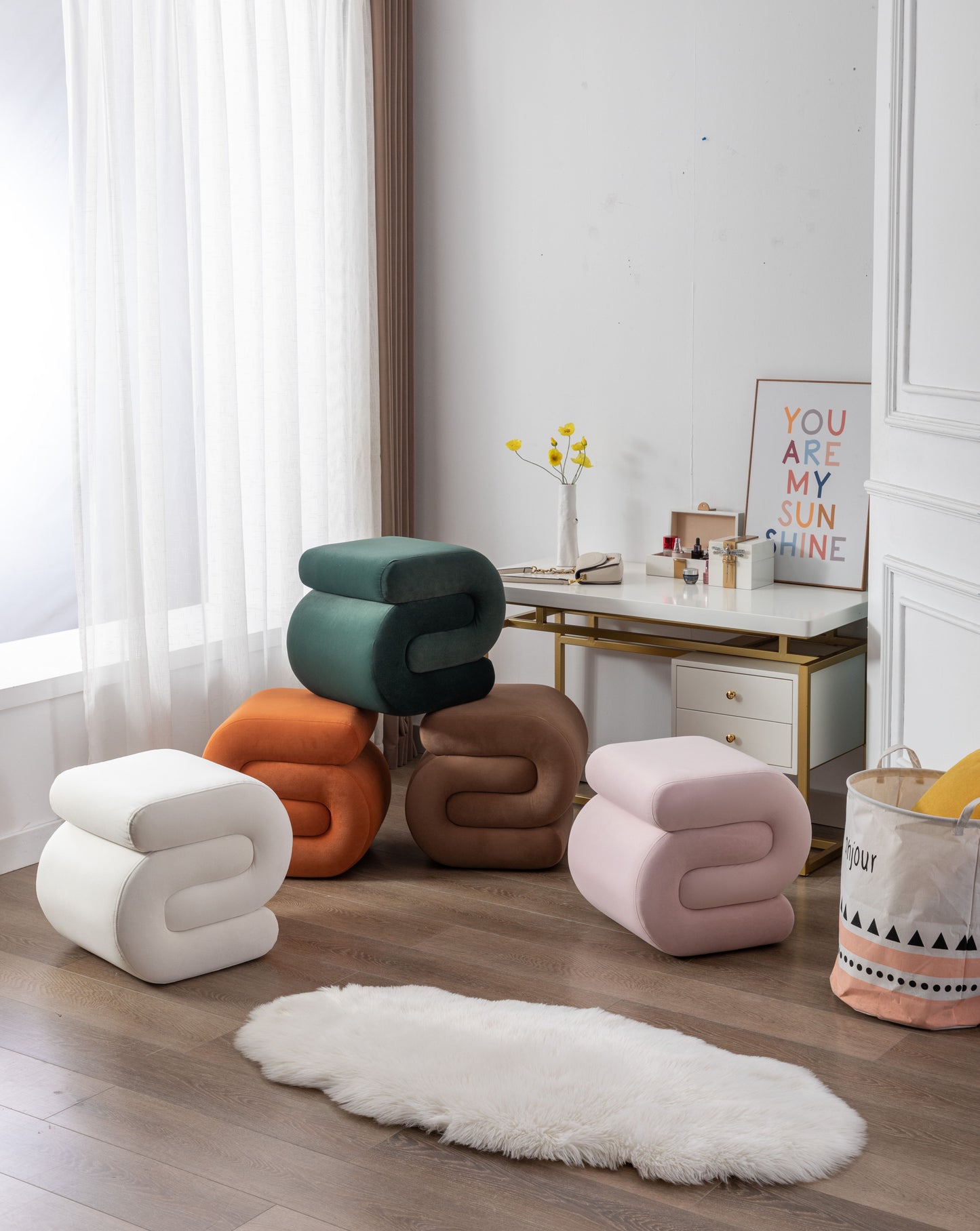 S-Shape Velvet Fabric Ottoman Makeup Stool Footstool