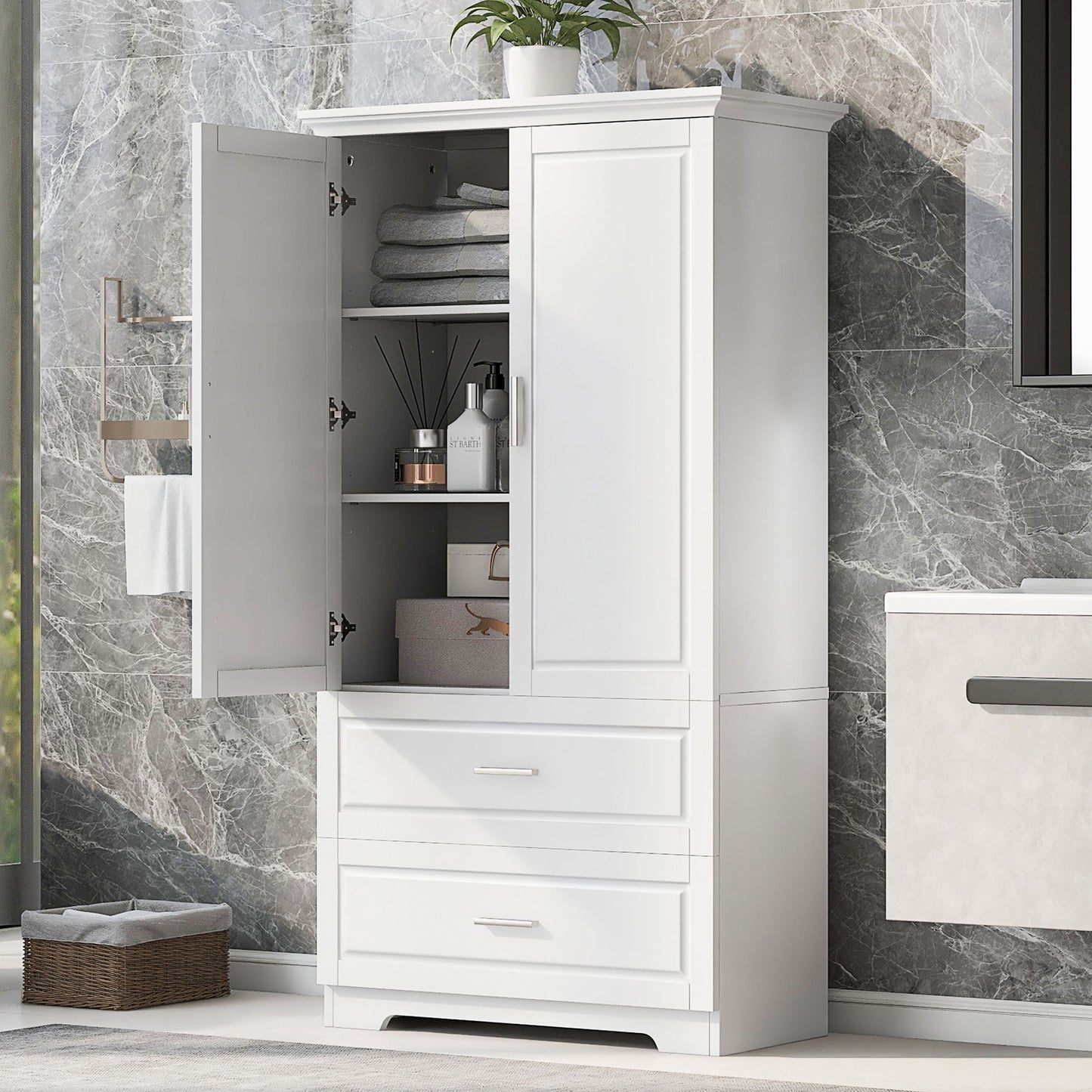 Tall Bathroom Storage Cabinet, Cabinet With 2 Doors And Drawers, Adjustable Shelf