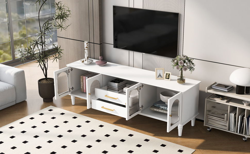 Retro TV Stand With Fluted Glass Doors