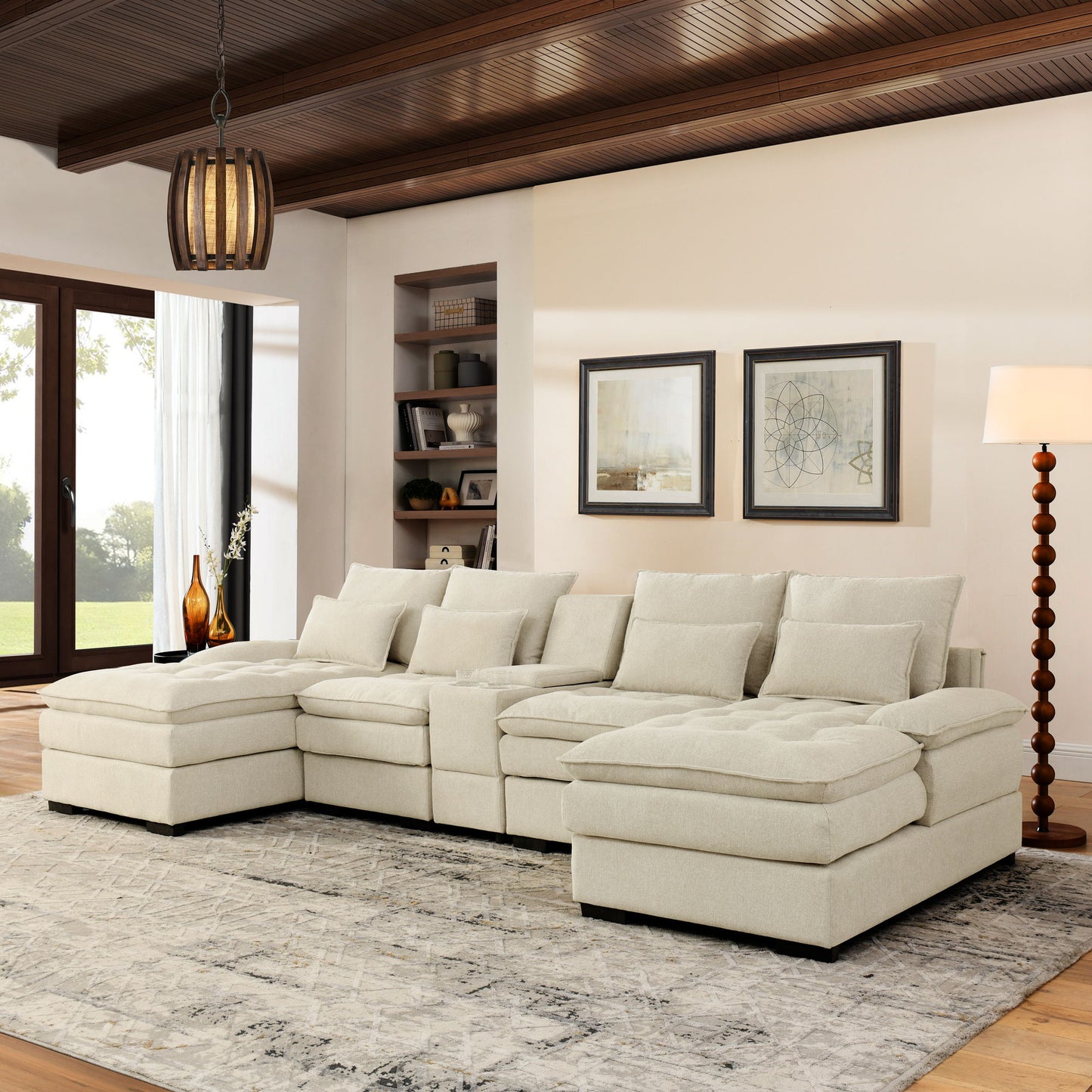 U Shaped Sofa With Console And Cupholders, 6 Seat
