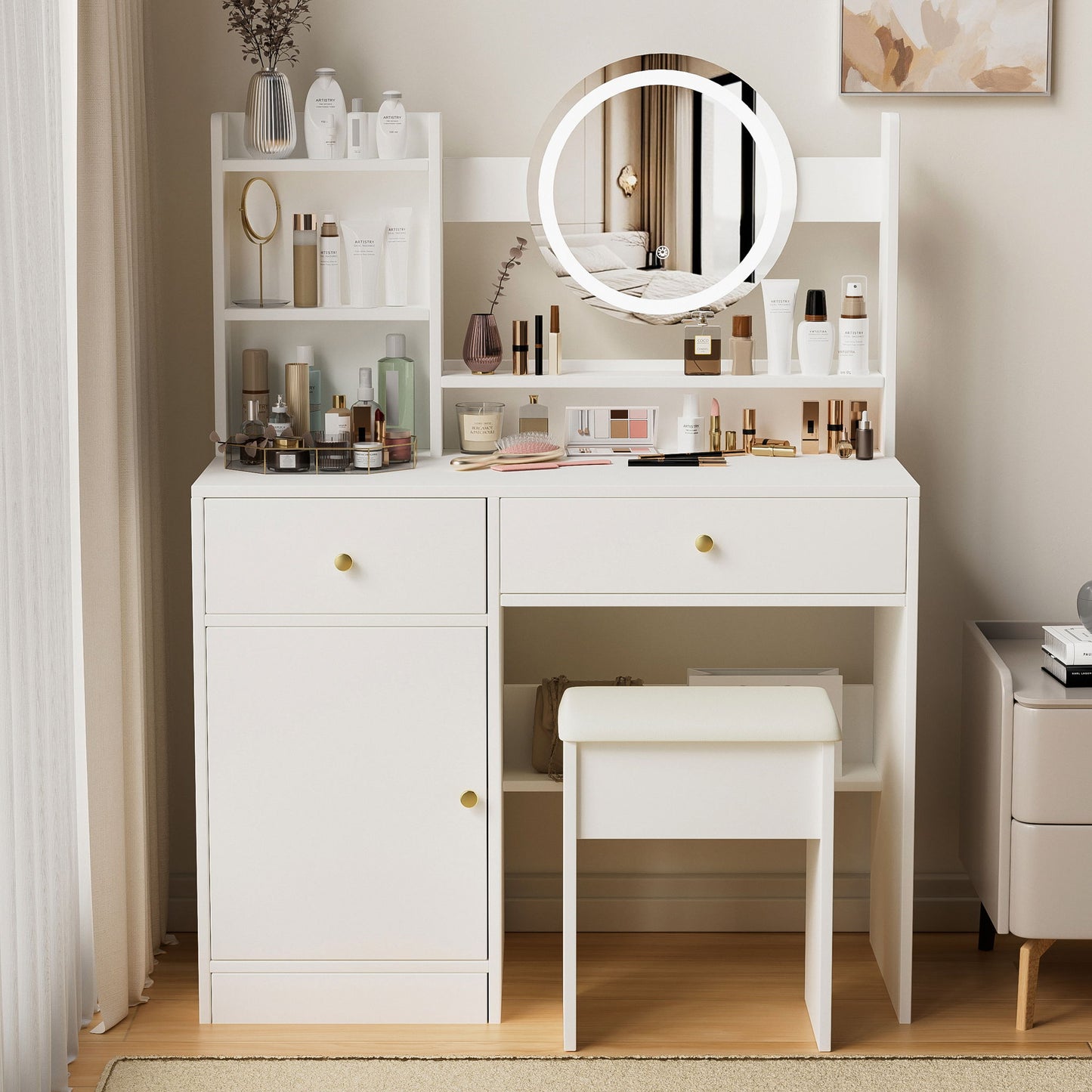 Fashion Vanity Desk With Mirror And Lights For Makeup And Cushioned Chair - White