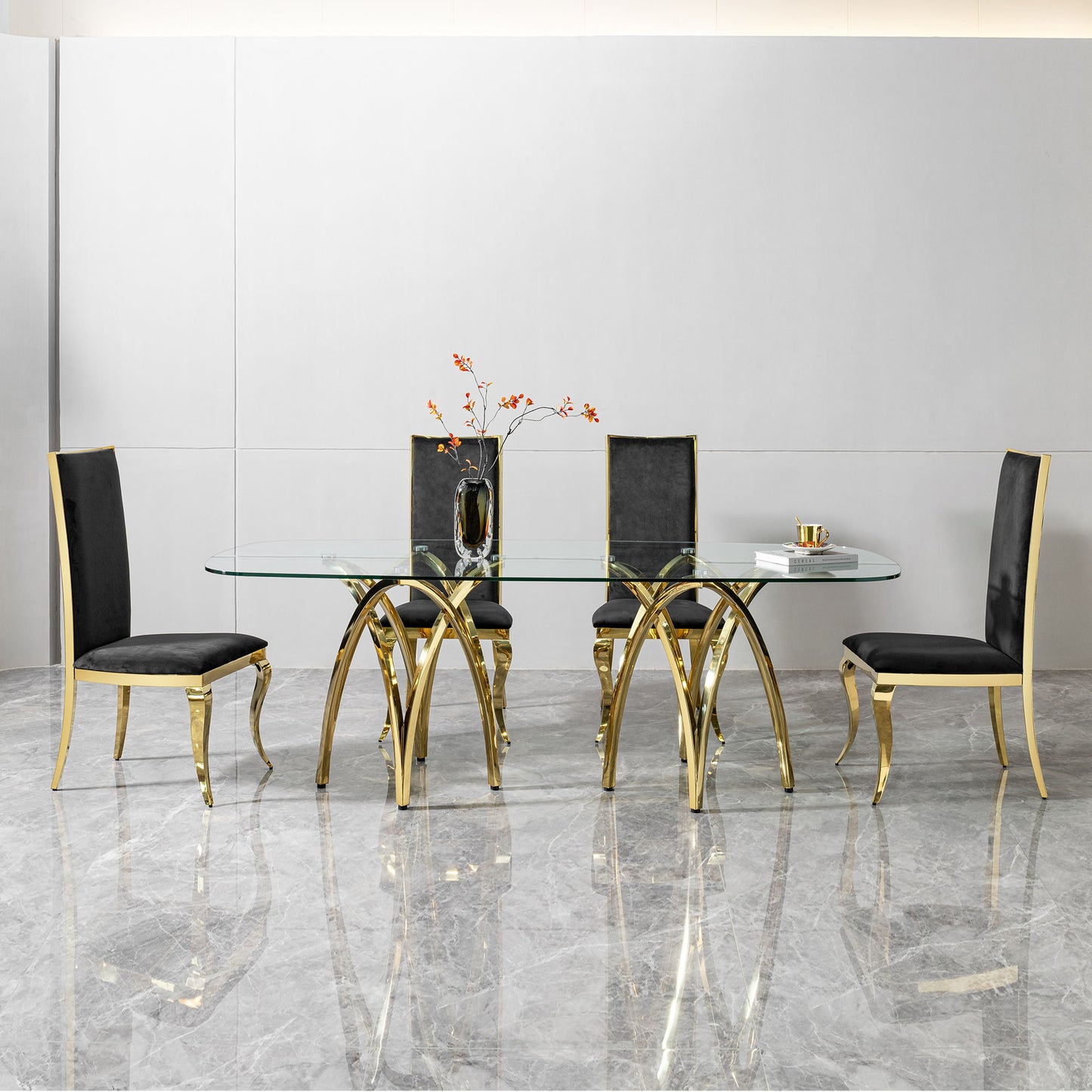 Tempered Glass Rectangular Dining Table With Stainless Steel Base - Gold