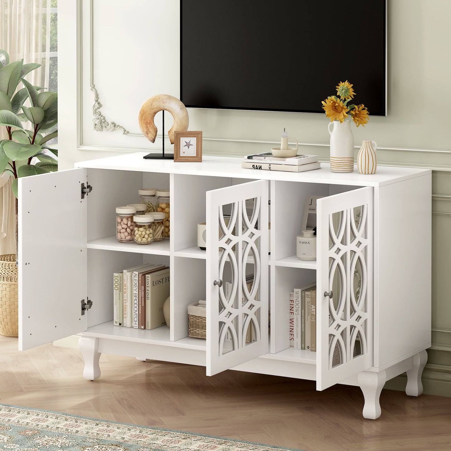 Modern Mirrored TV Stand, 3 Adjustable Shelves For Living Room