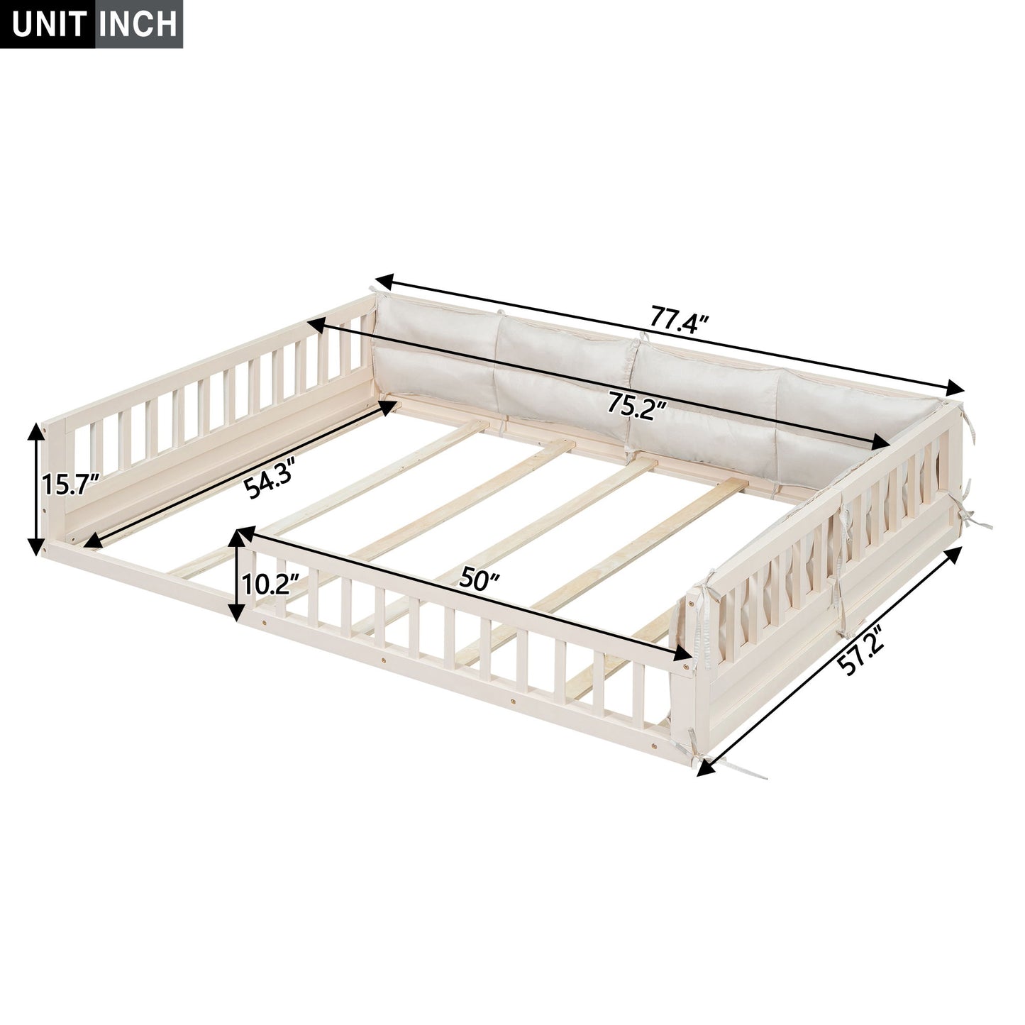 Wood Full Size Upholstered Platform Bed With Guardrail And Pillow - Beige