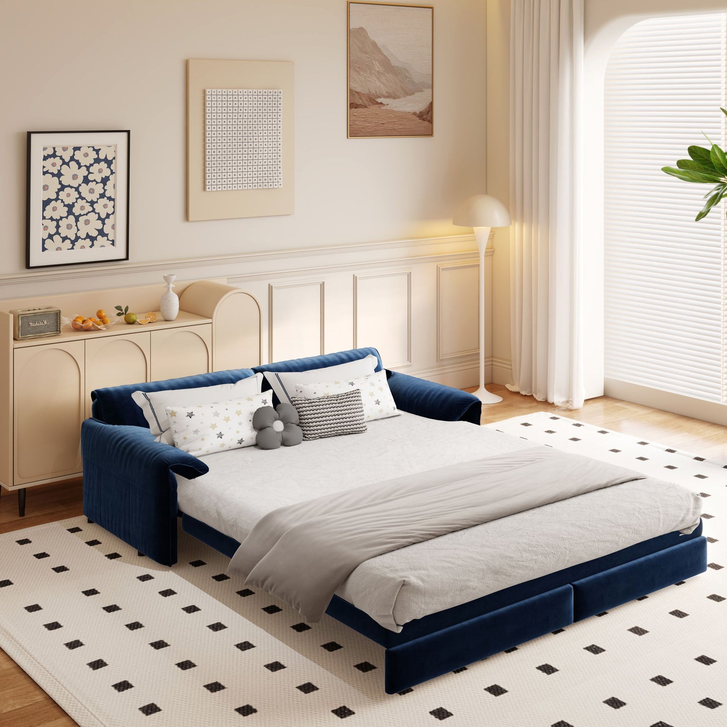 Queen Pull Out 3 In 1 Convertible Sleeper Sofa With Side Storage