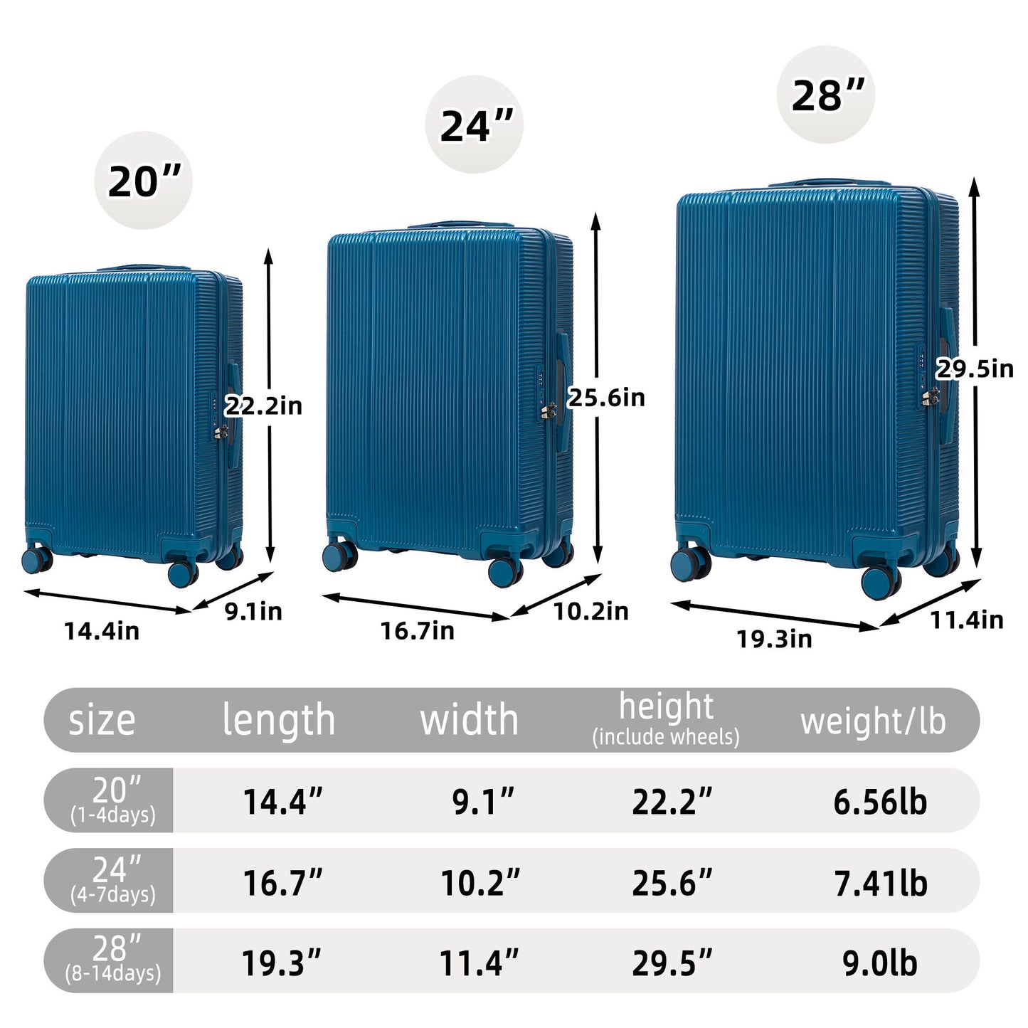 20" / 24" / 28" 3 Pieces / Set Spinner Wheel Luggage, Carry On Suitcase, Matching Color, TSA Combination Lock