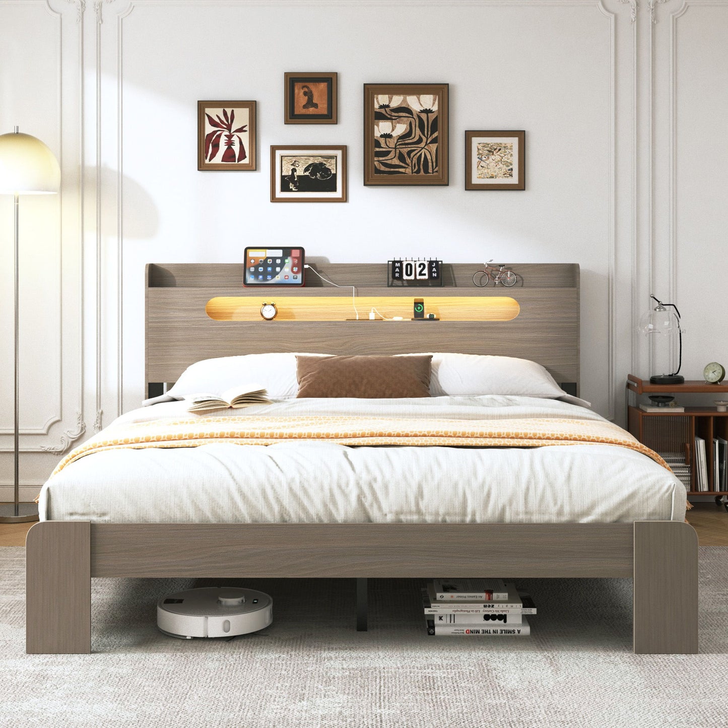 King Size Platform Bed Frame With Storage LED Light Headboard And Usb, Noise Free - Dark Gray