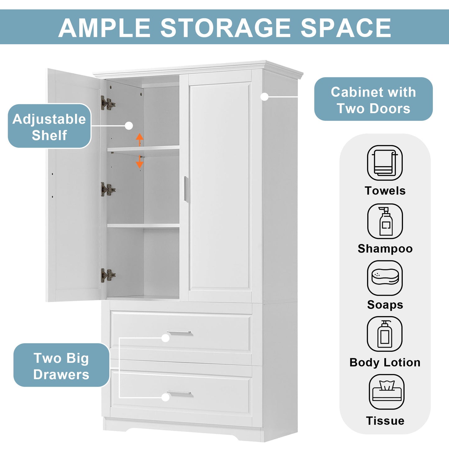 Tall Bathroom Storage Cabinet, Cabinet With 2 Doors And Drawers, Adjustable Shelf
