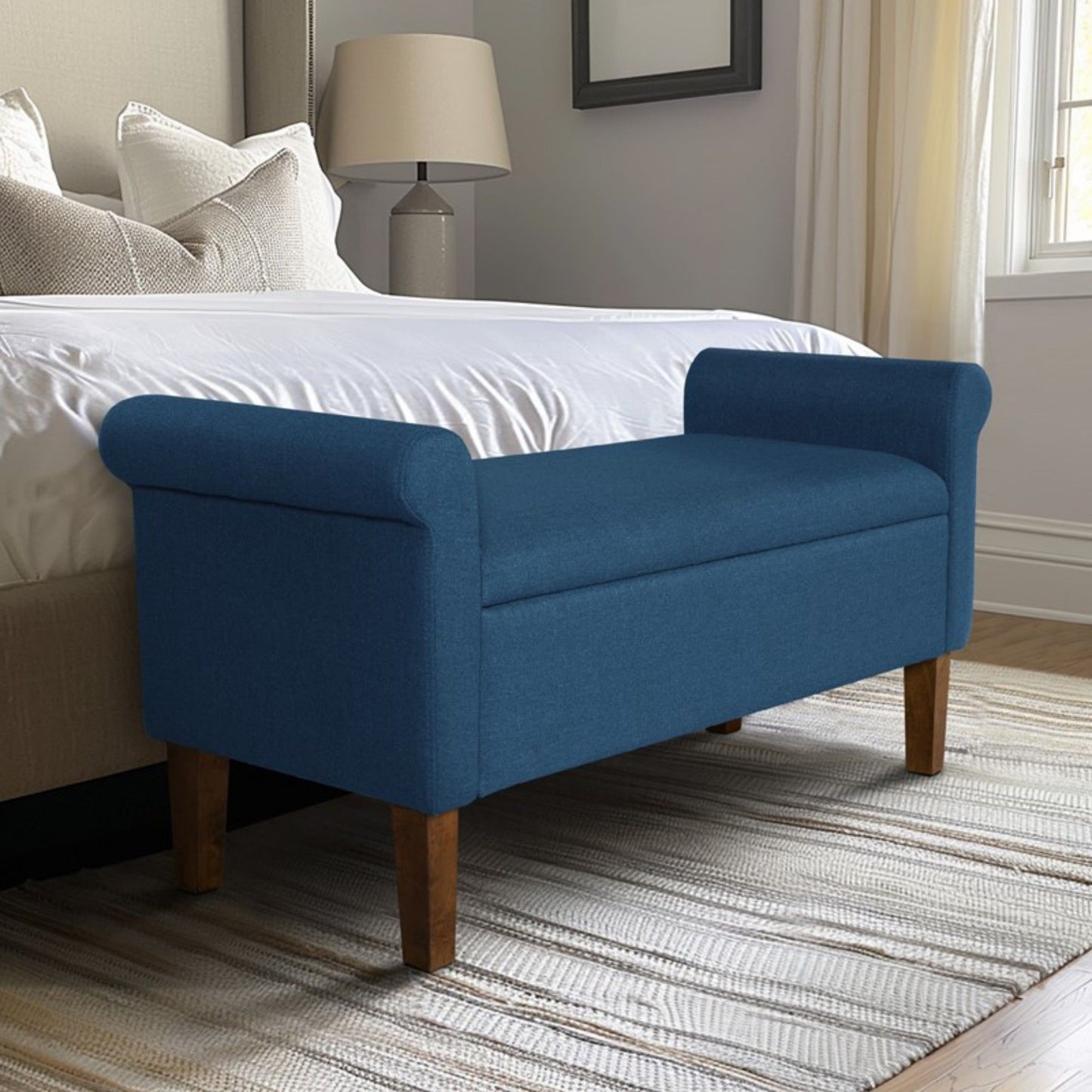 Upholstered Storage Bench With Rolled Armrests