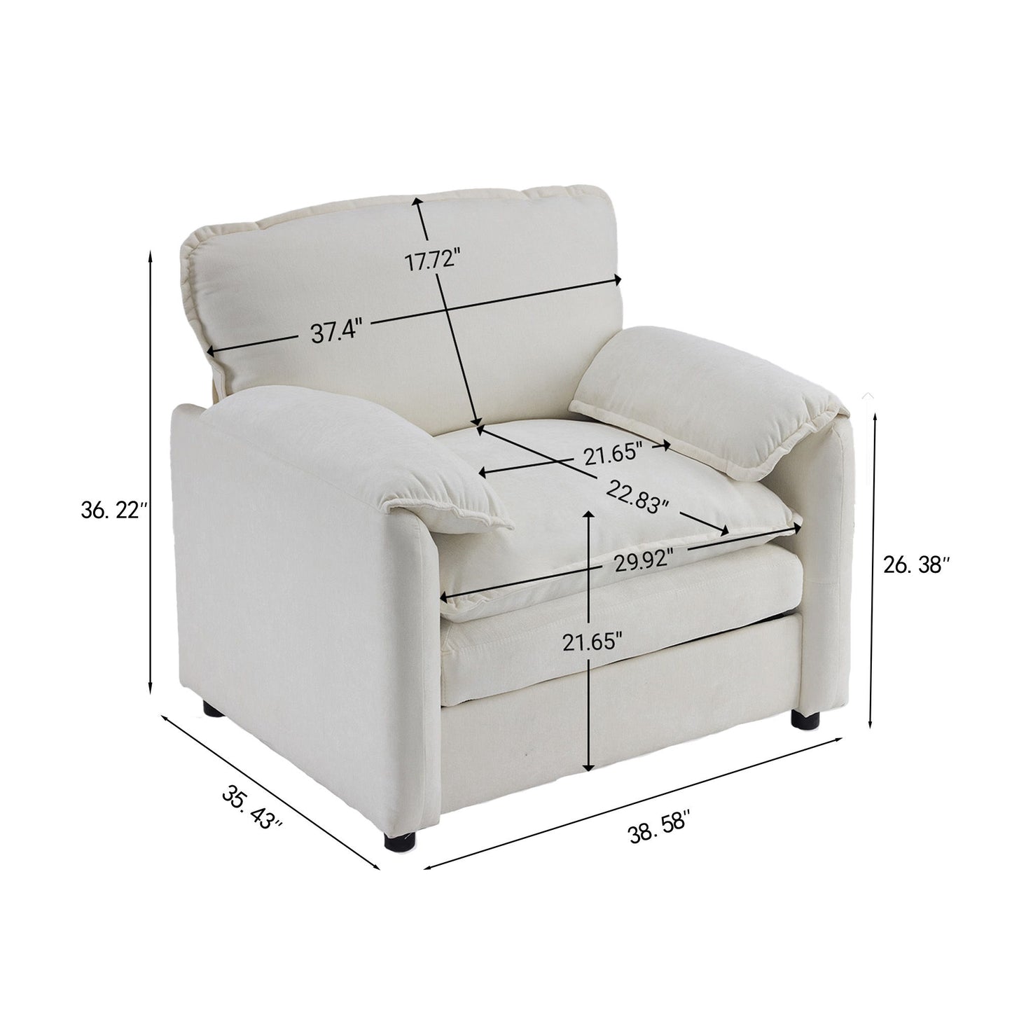 Oversized Reading Armchair With Thick Cushions, High Back Support