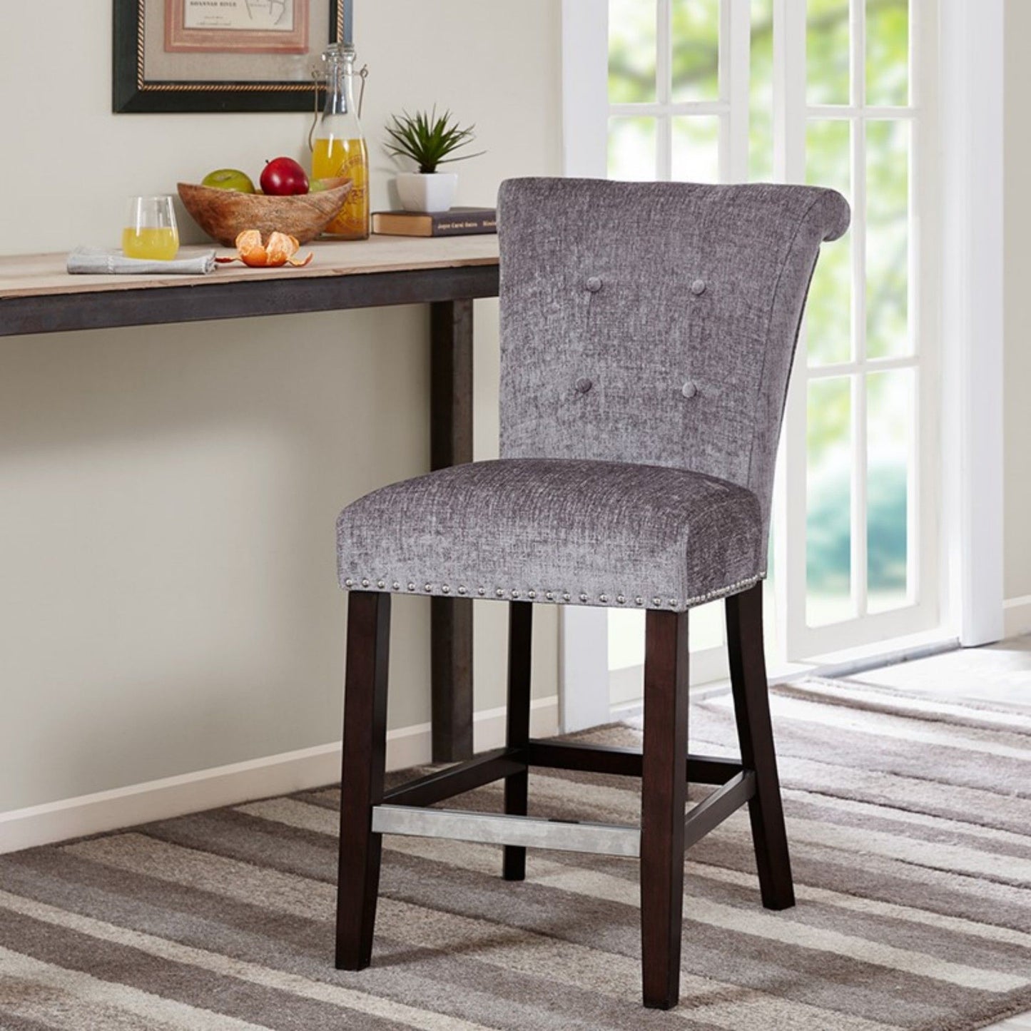 Colfax - Counter Stool With Button Tufting And Nail Heads - Gray