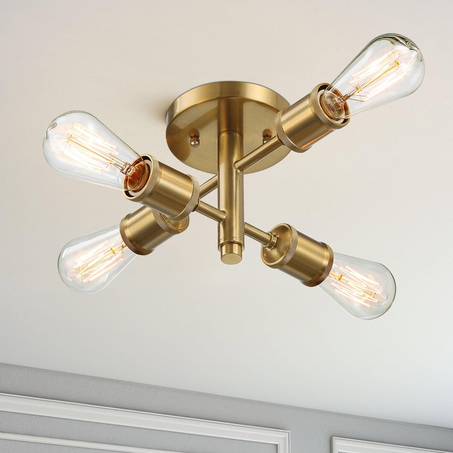 Ephemeral - 4 Lights Semi Flush Mount Retro Hallway Kitchen Bedroom Living Room Ceiling Pendant - Antique Brass / Clear / Gold