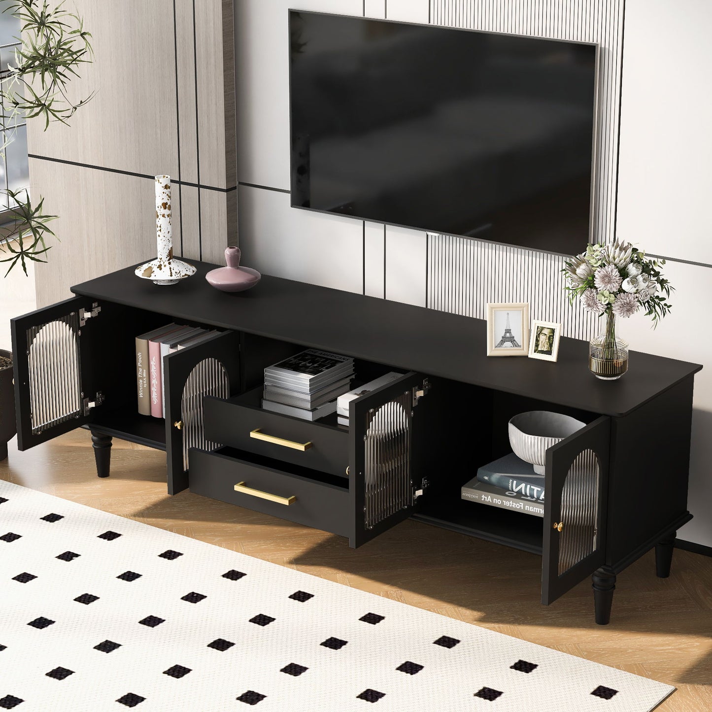 Retro TV Stand With Fluted Glass Doors