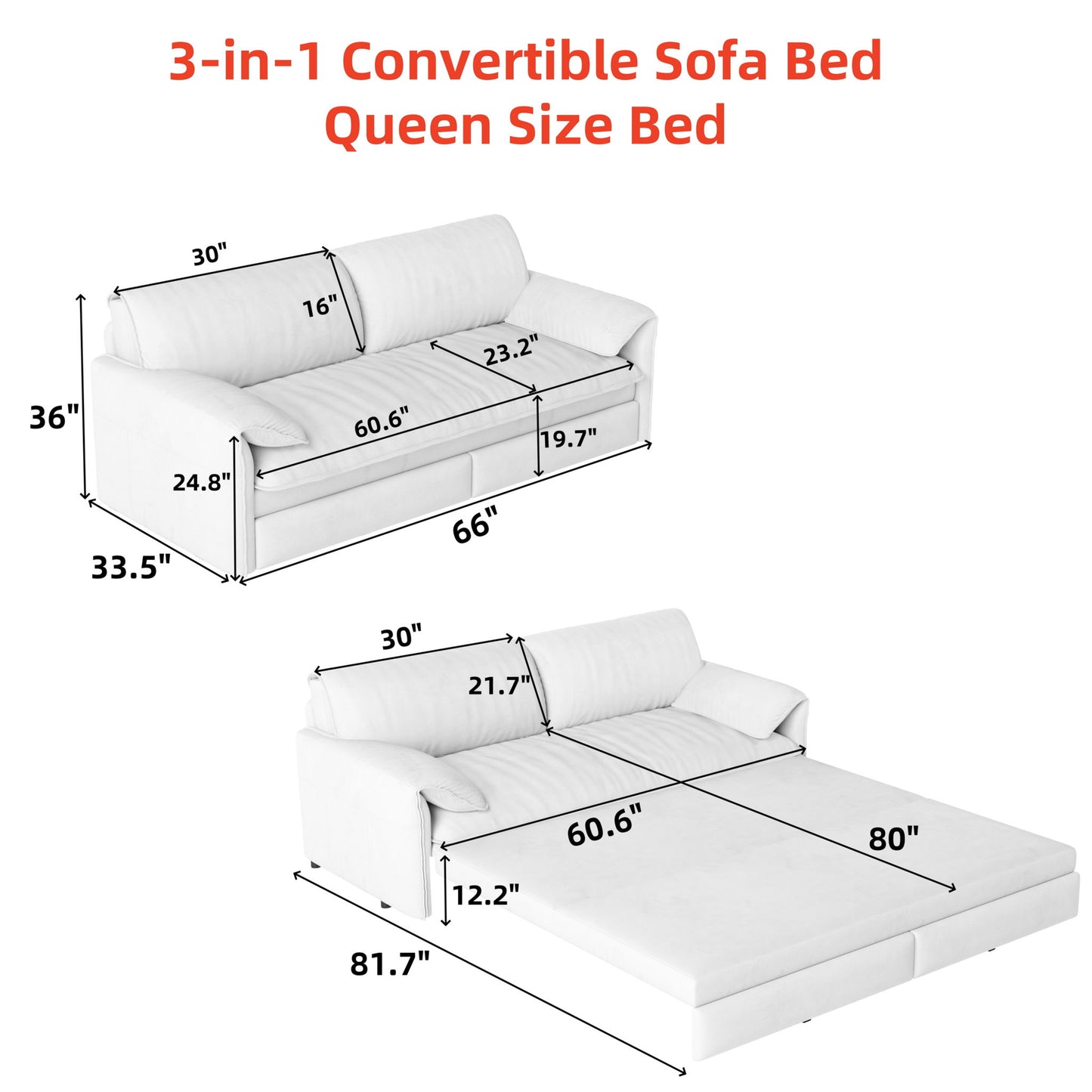 Queen Pull Out 3 In 1 Convertible Sleeper Sofa With Side Storage