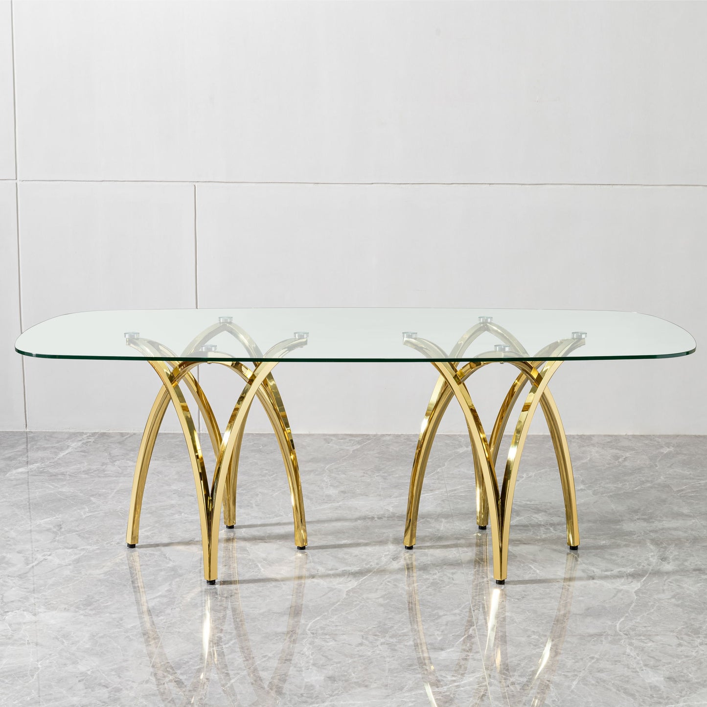 Tempered Glass Rectangular Dining Table With Stainless Steel Base - Gold