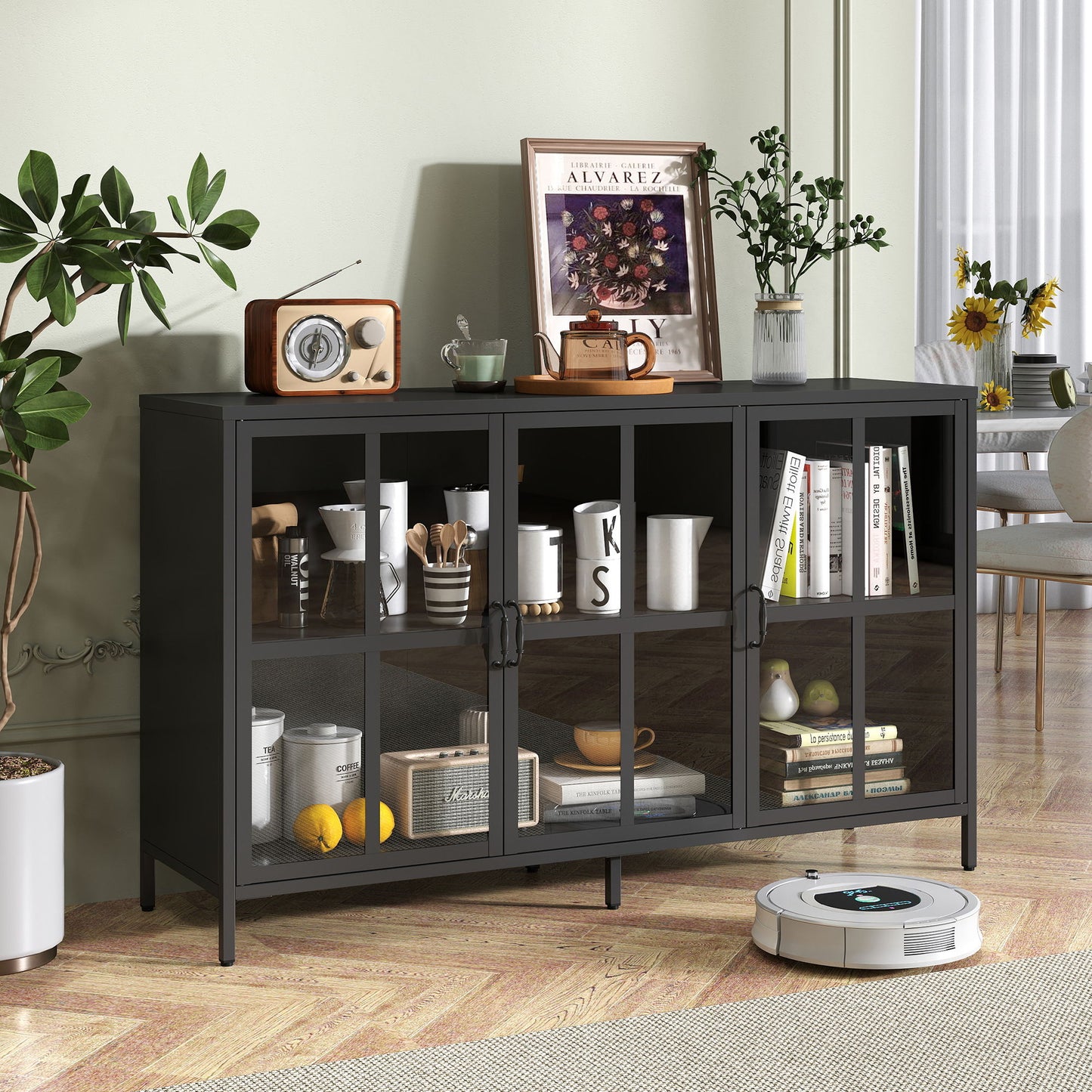 Modern Heavy Duty Metal Sideboard Buffet Cabinet With Storage, Adjustable Feet, Glass Doors, Steel - Black