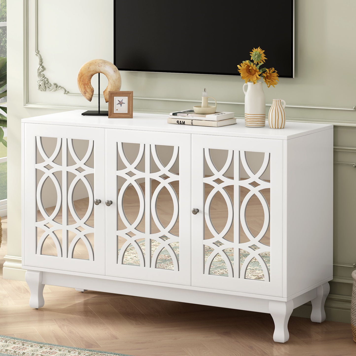 Modern Mirrored TV Stand, 3 Adjustable Shelves For Living Room