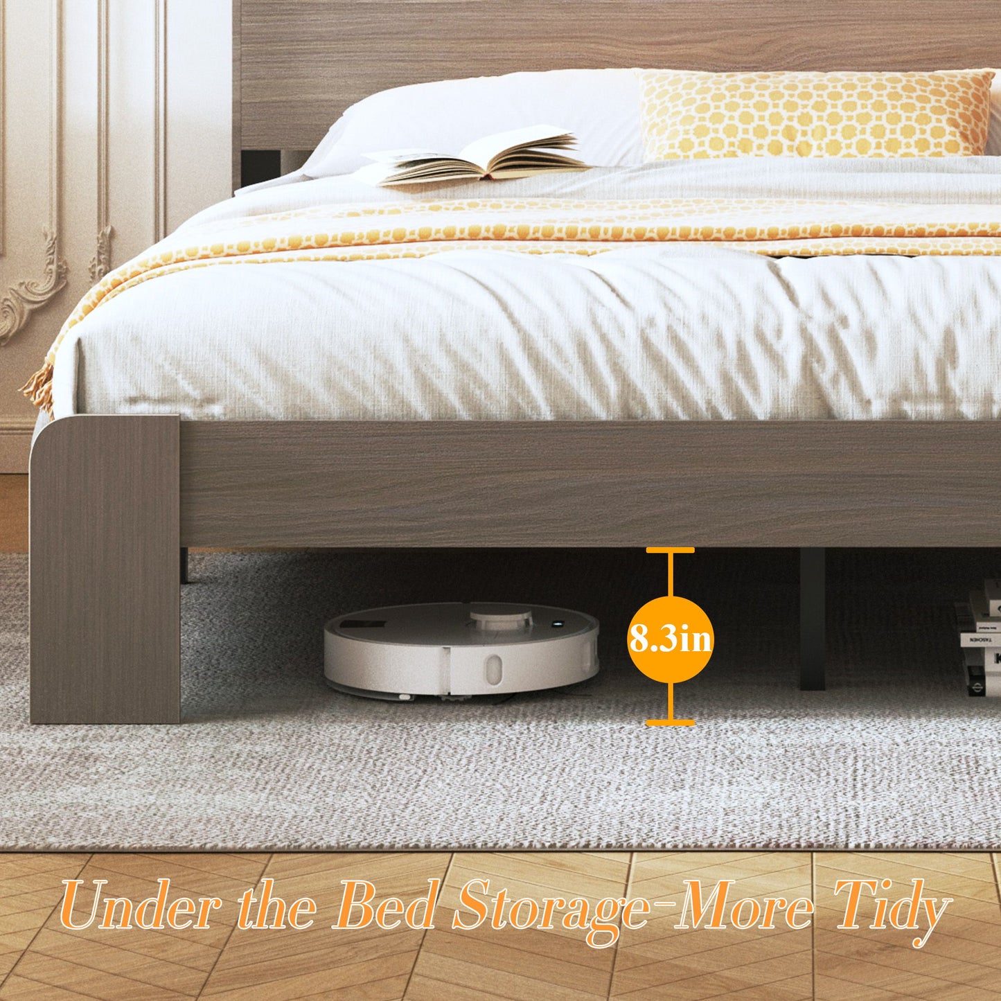 King Size Platform Bed Frame With Storage LED Light Headboard And Usb, Noise Free - Dark Gray