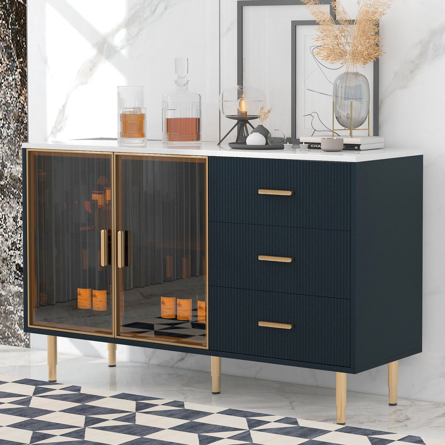 Modern Sideboard Buffet Cabinet Marble Sticker Tabletop And Amber- Tempered Glass Doors With Metal Legs & Handles