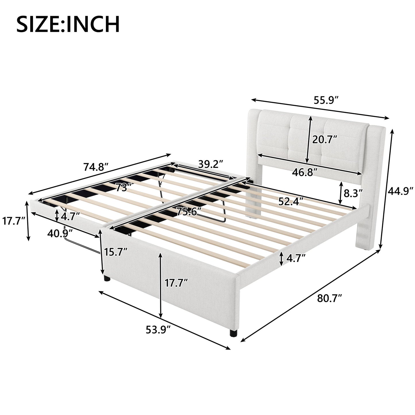 Upholstery Platform Bed With Trundle,Trundle Can Be Flat Or Erected