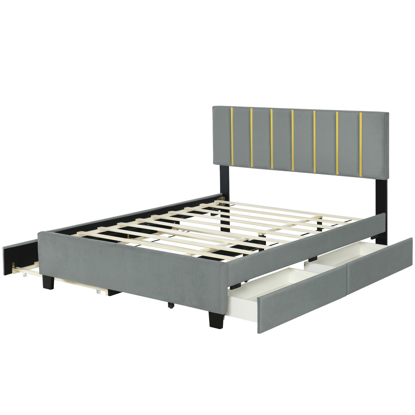 Upholstered Platform Bed With 2 Drawers And 1 Trundle, Classic Strip Headboard Design