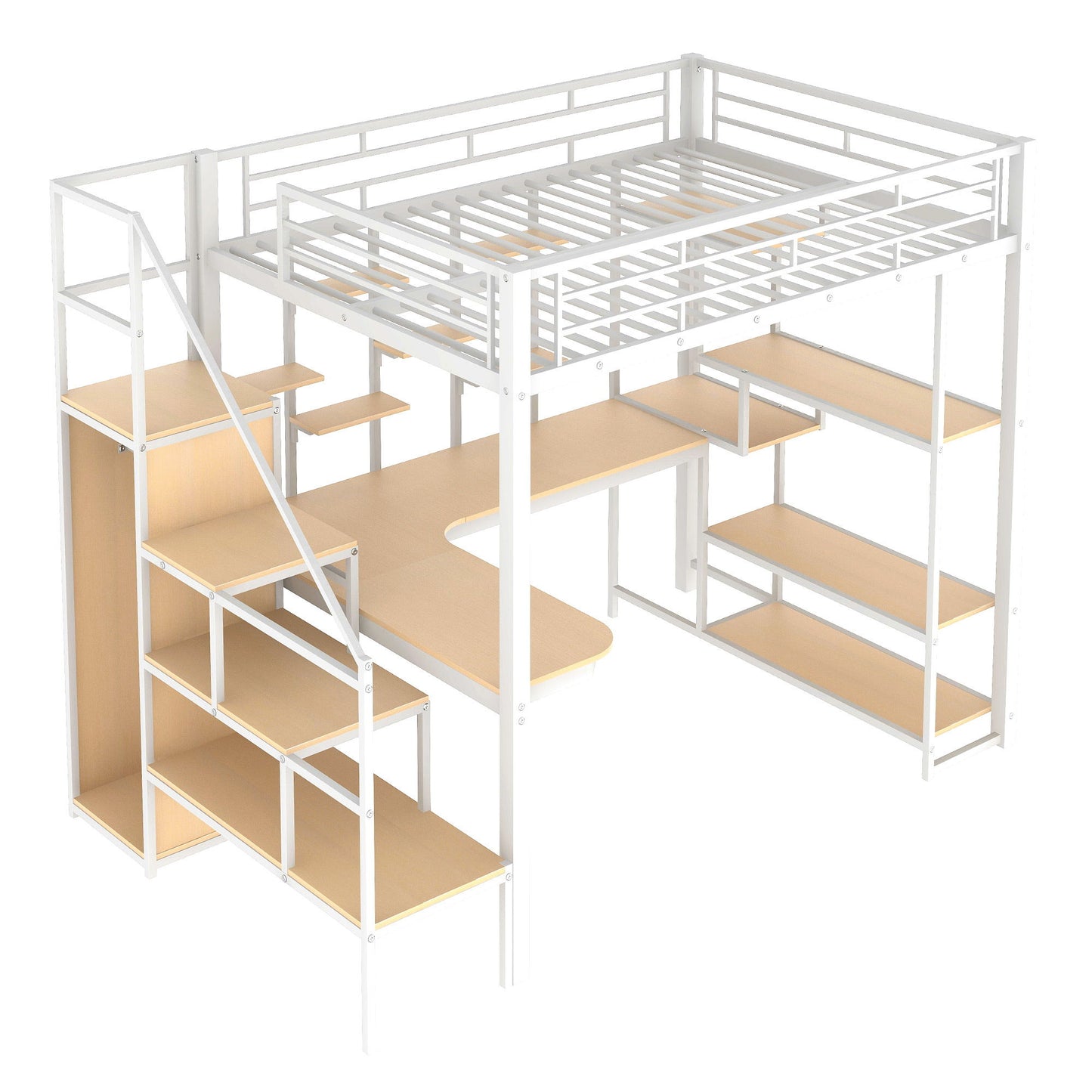 Loft Bed With Storage Staircase And Small Wardrobe, Built - In Desk And Storage Shelves