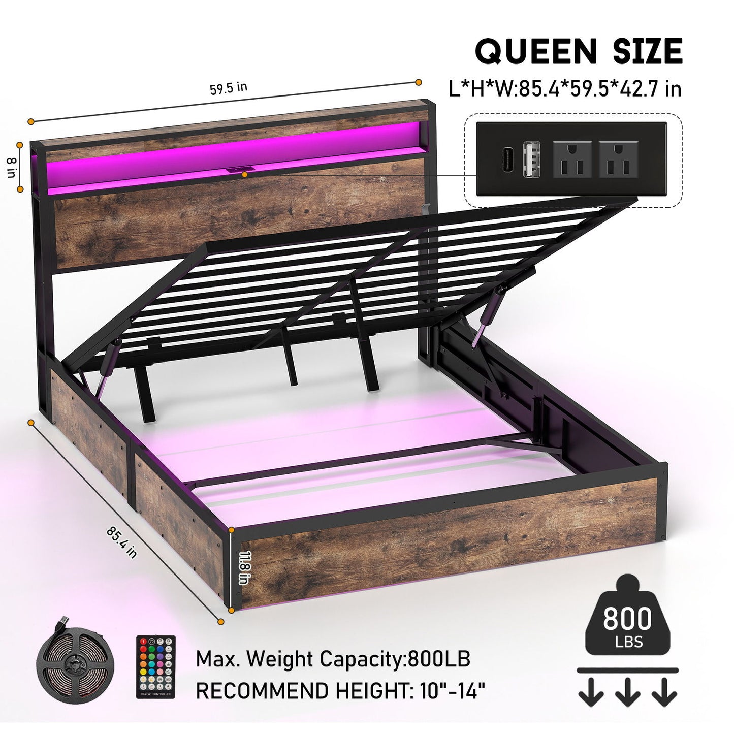 Frame With Hydraulic Lift Storage, RGB LED Lights & Multi-Port Charging, No Box Spring Needed