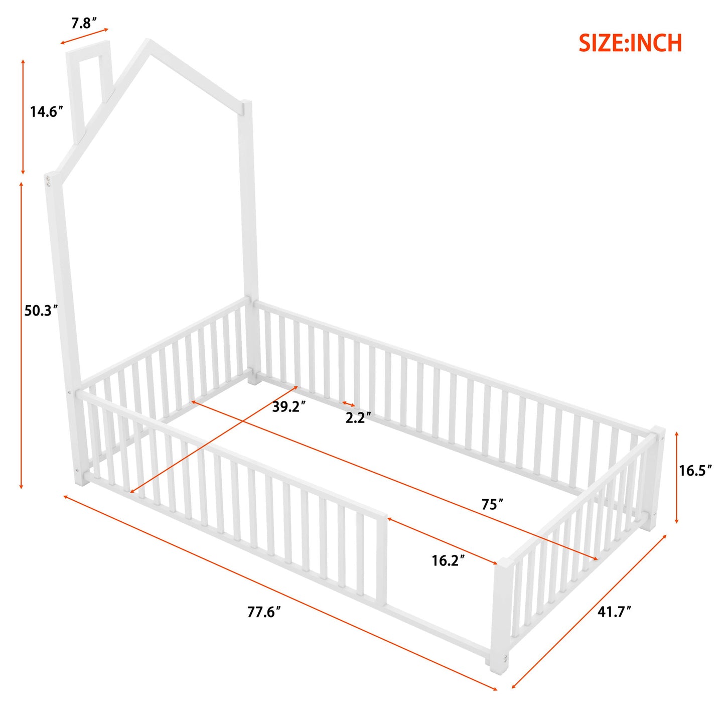 Metal House Platform Bed With Guardrail And Chimney