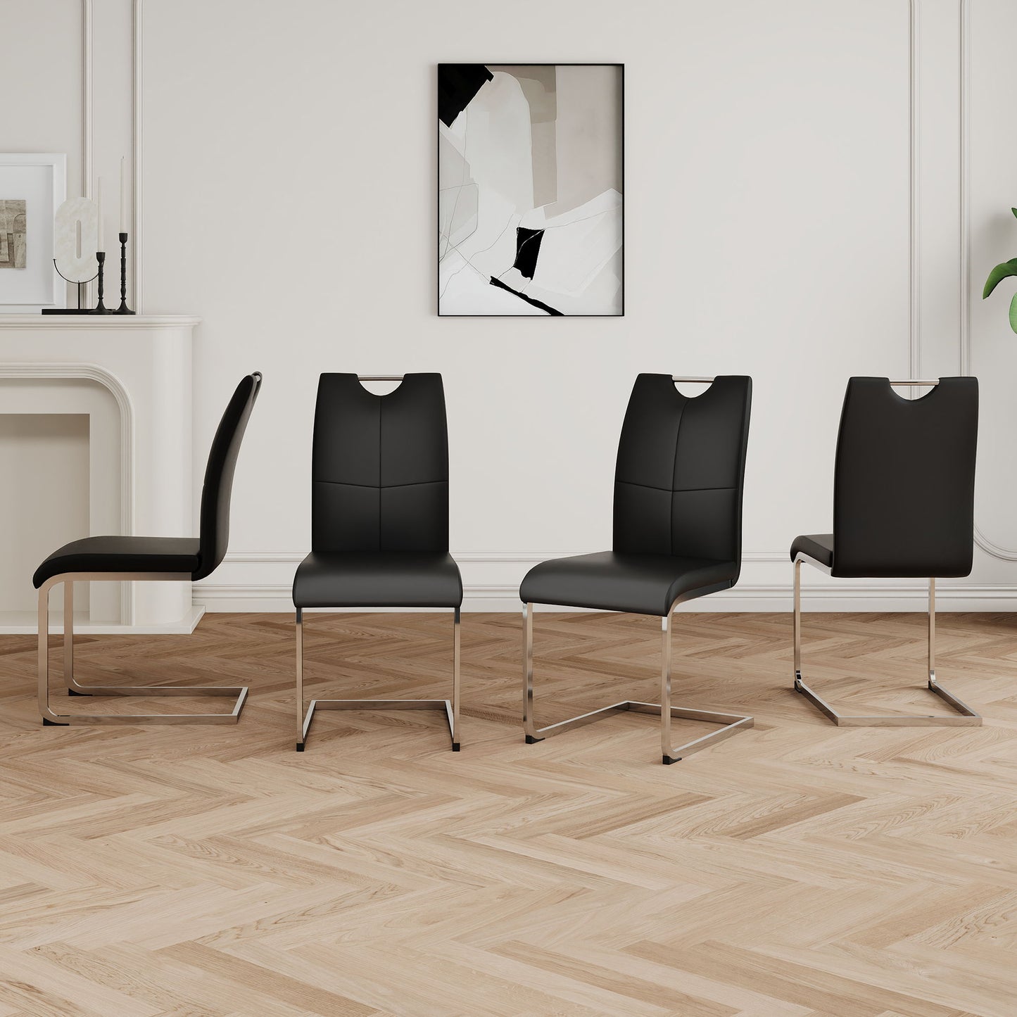 Modern Dining Chairs With Faux Leather Padded Seat Dining Living Room Chairs Upholstered Chair With Chrome Metal Legs Design Side Chairs (Set of 4) - Black / Silver