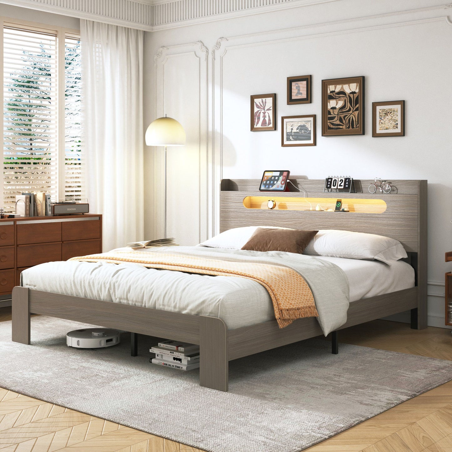 King Size Platform Bed Frame With Storage LED Light Headboard And Usb, Noise Free - Dark Gray
