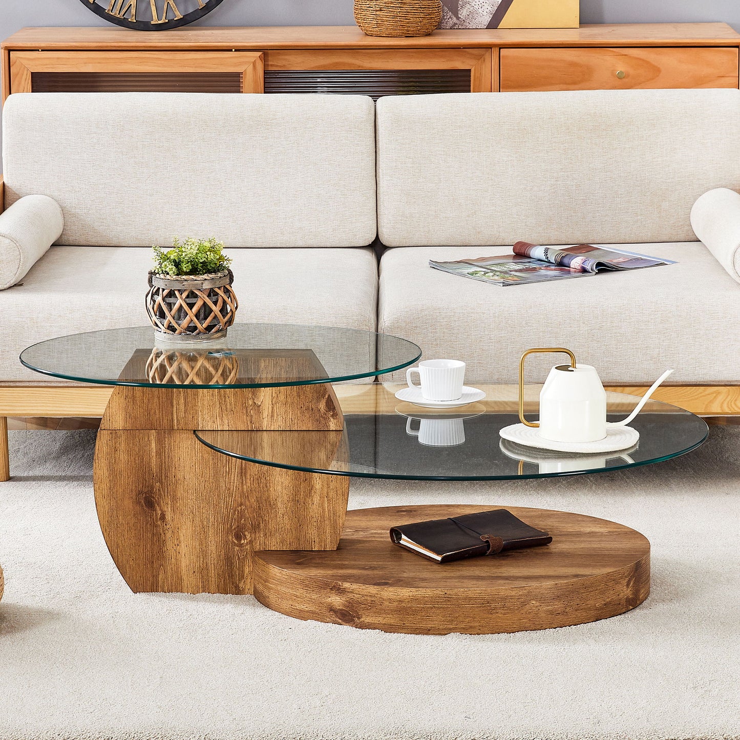 Modern Natural Wood Grain Double Layer Coffee Table Versatile Design - Natural Wood / Transparent