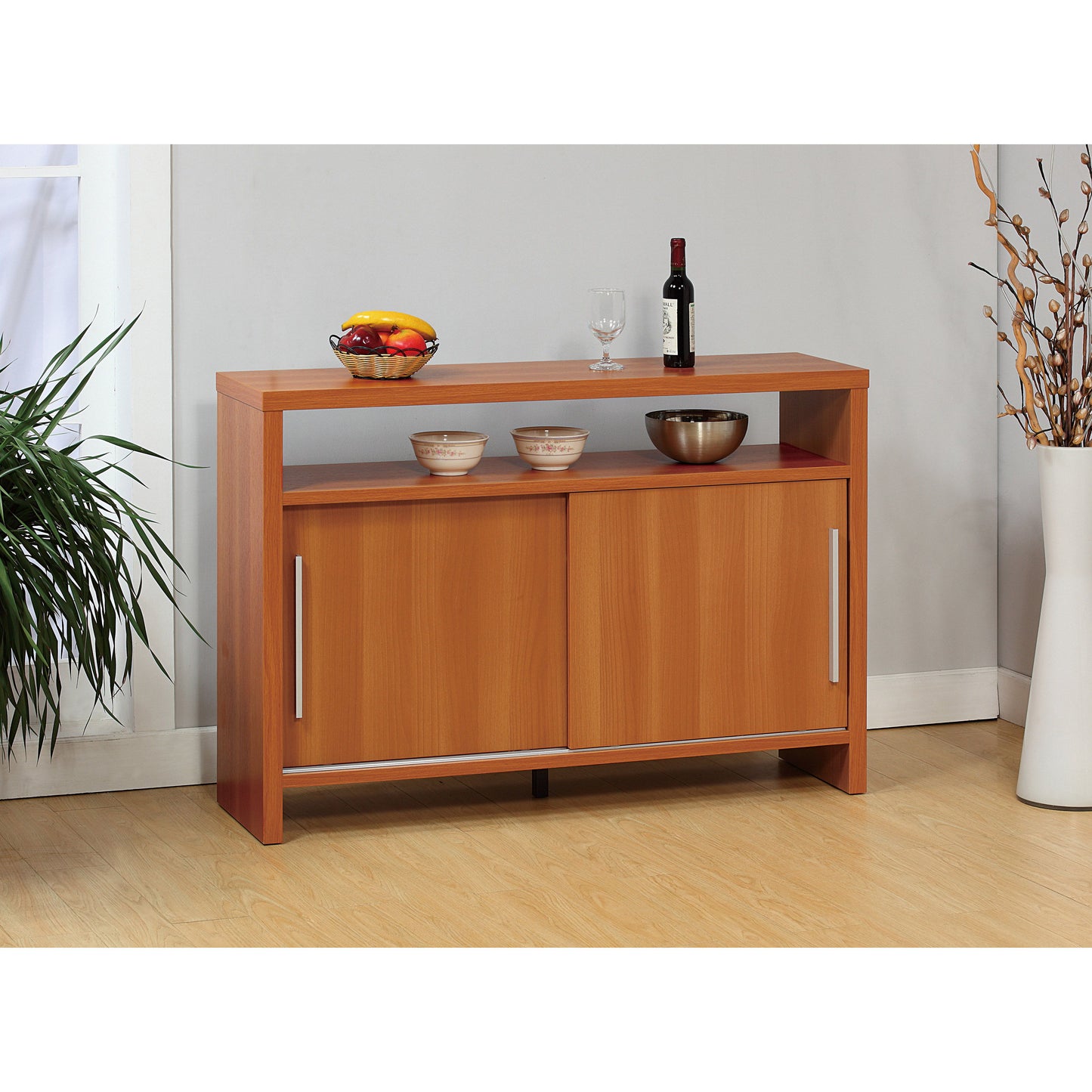Sideboard Buffet Entry Cabinet Sliding Doors Metal Bar Handles Four Shelves