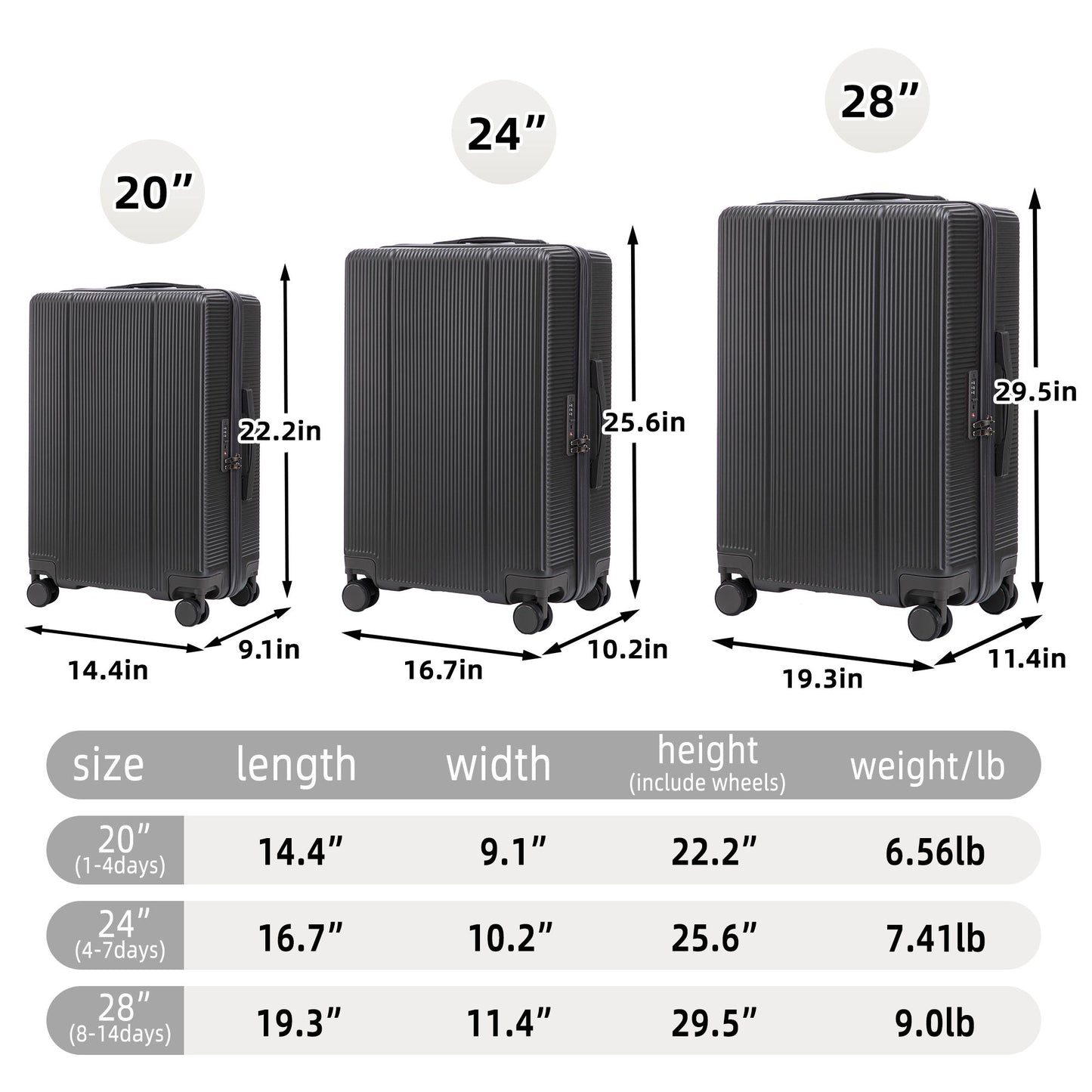 20" / 24" / 28" 3 Pieces / Set Spinner Wheel Luggage, Carry On Suitcase, Matching Color, TSA Combination Lock