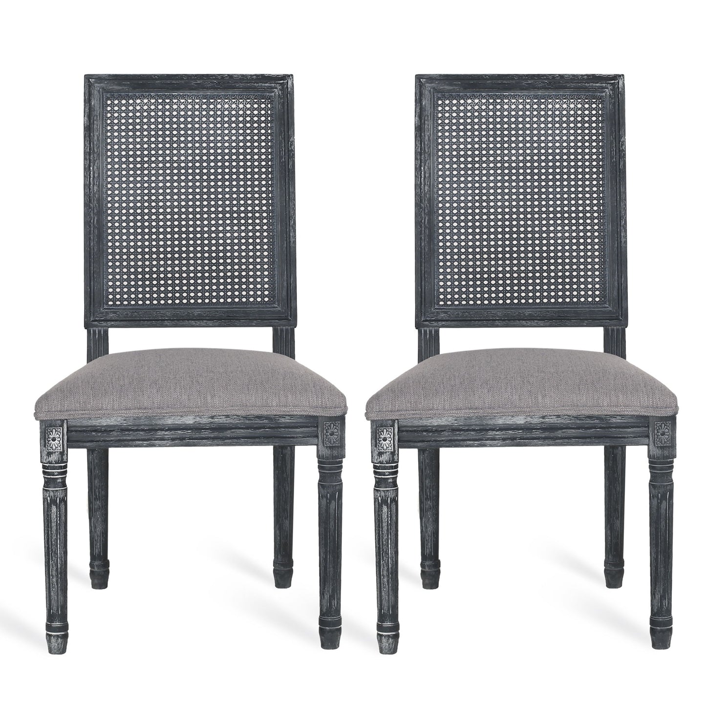 French Country Dining Chair With Rectangular Cane Backrest And Smooth Upholstered Seating