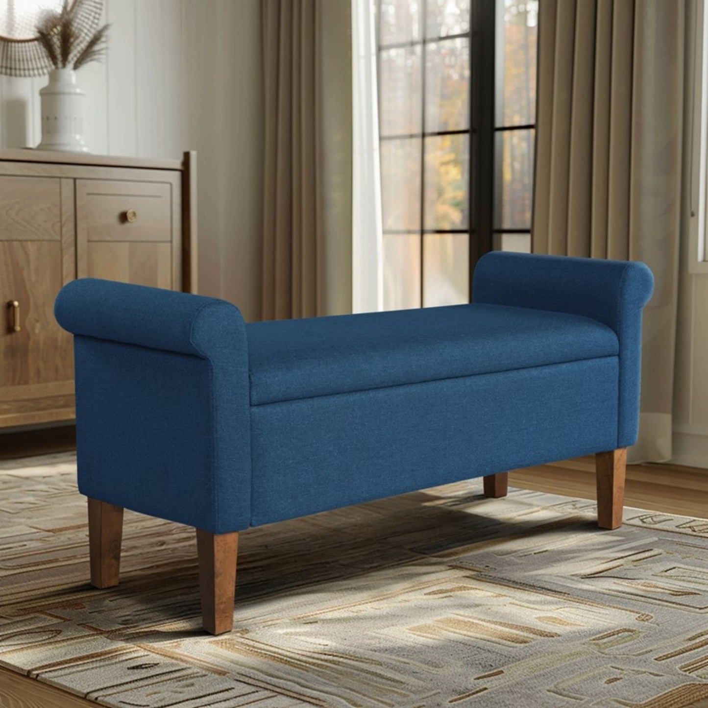 Upholstered Storage Bench With Rolled Armrests