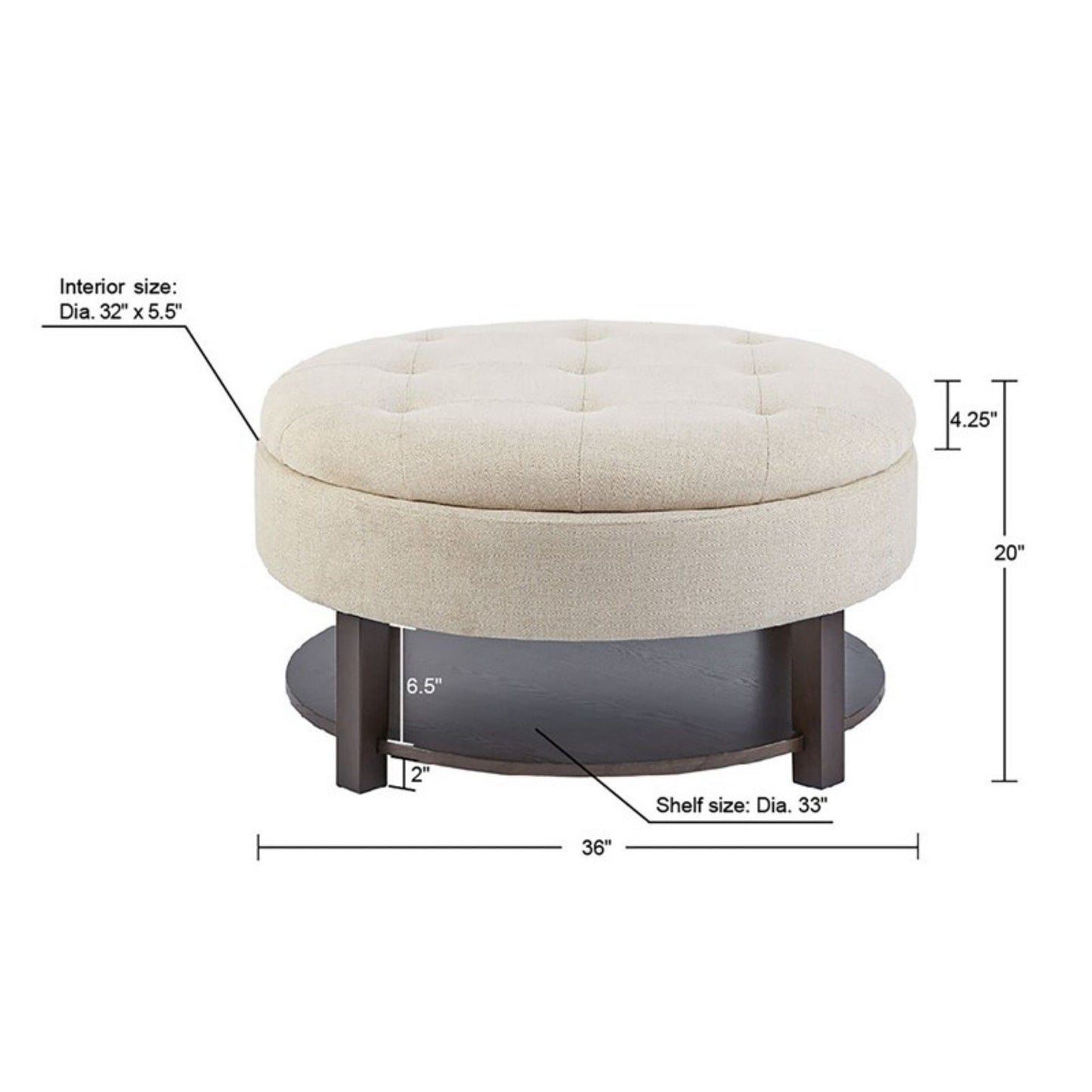 Miller - Round Storage Ottoman With Tufted Top And Shelf - Cream / Brown