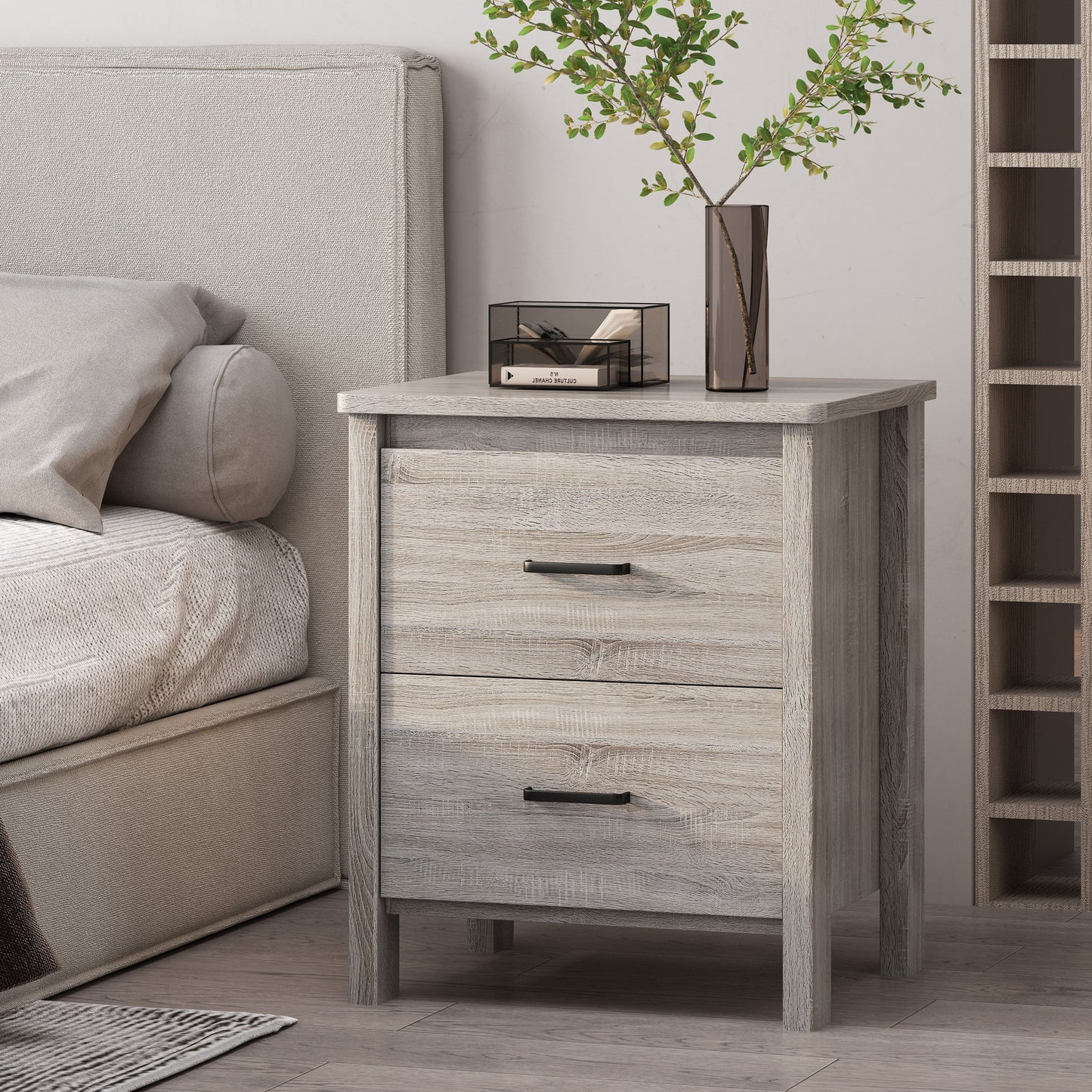 Wood Nightstand With 2 Drawers And Metal Handle - Oak