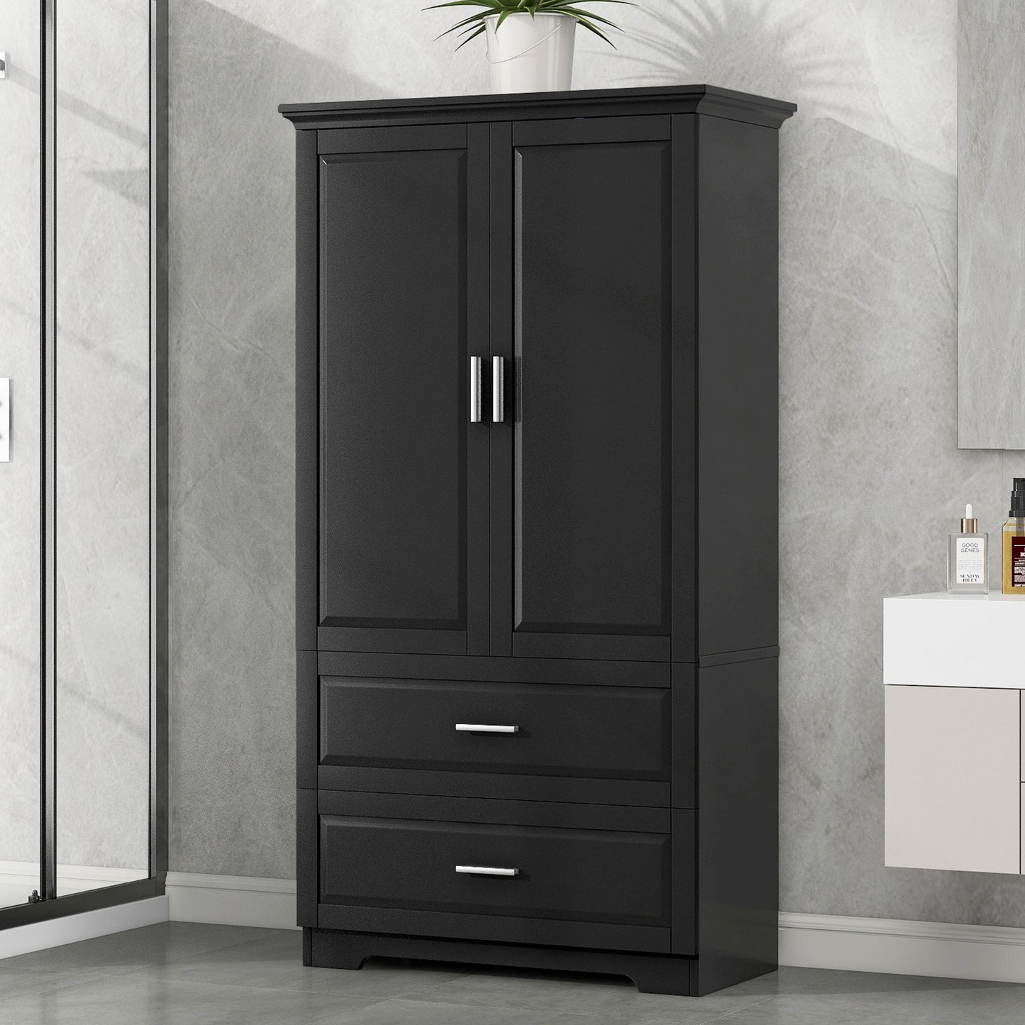 Tall Bathroom Storage Cabinet, Cabinet With 2 Doors And Drawers, Adjustable Shelf