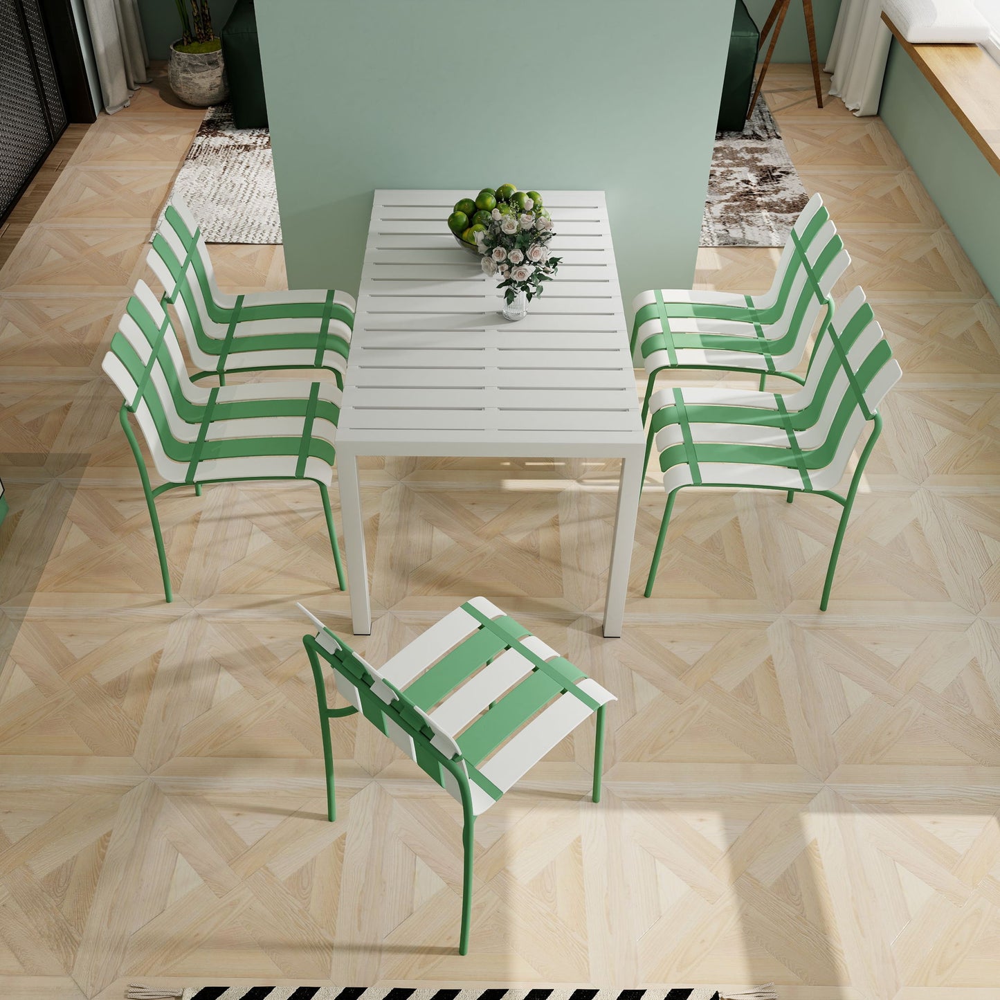 4 Piece Set Of Single Chairs With Modern Color Blocking Design, UV Resistant And Rust Proof - Haze Green / White