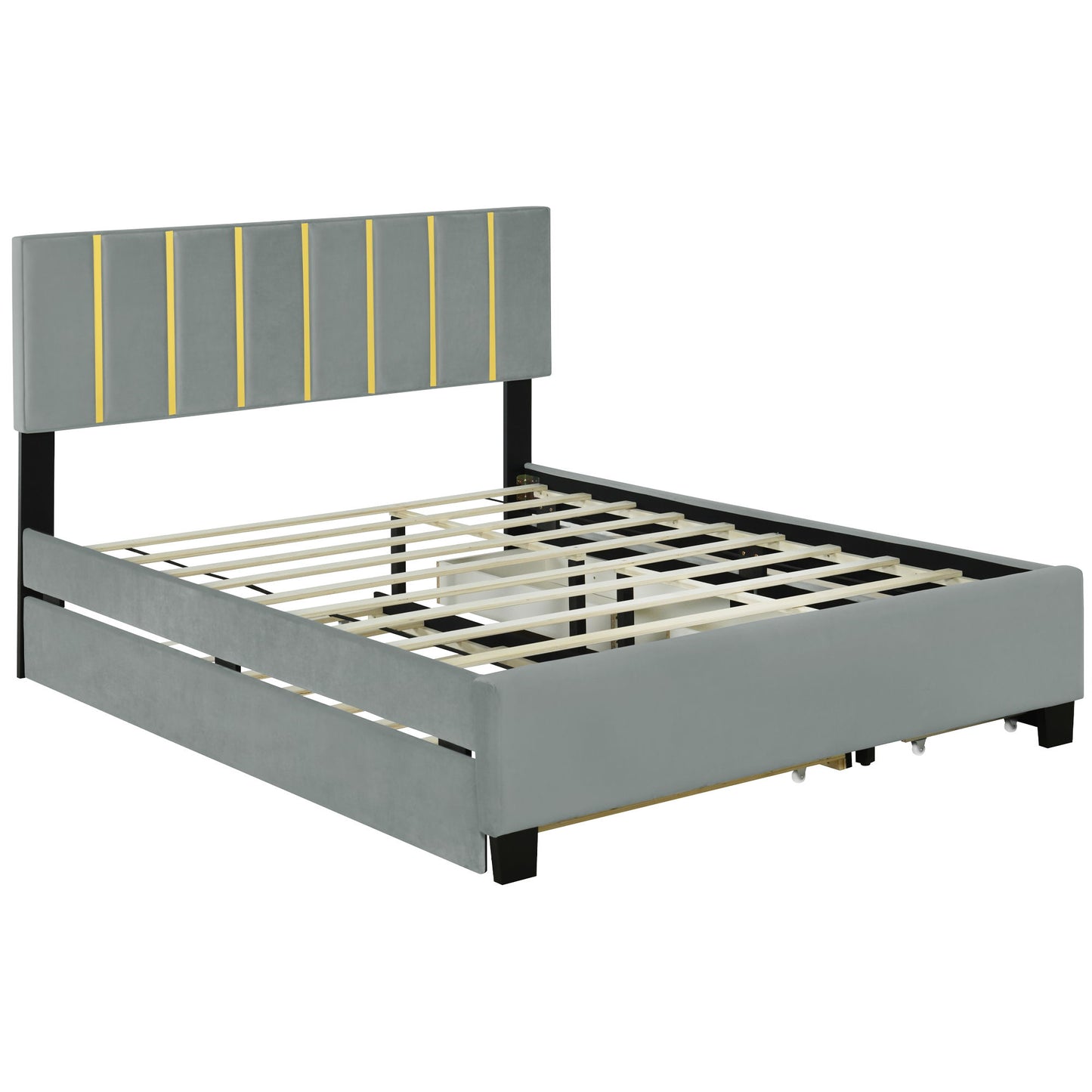 Upholstered Platform Bed With 2 Drawers And 1 Trundle, Classic Strip Headboard Design