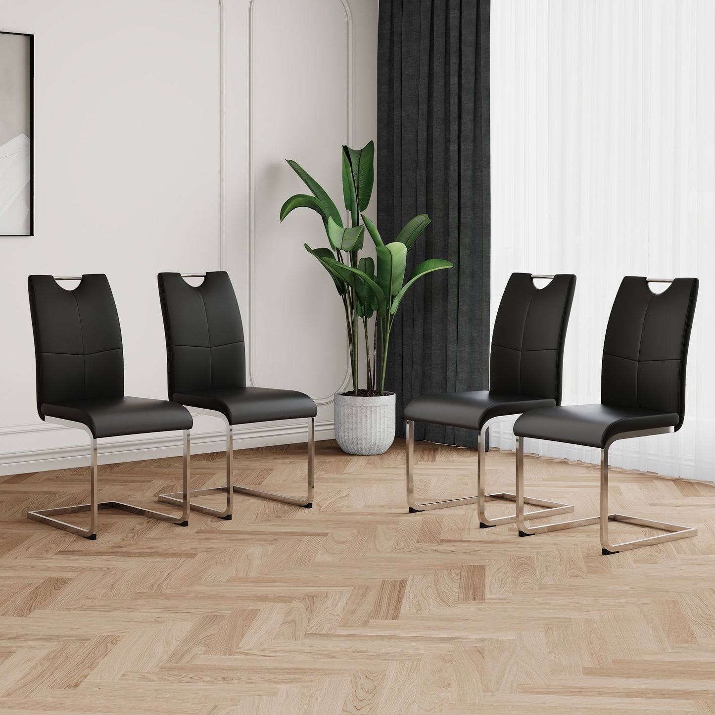 Modern Dining Chairs With Faux Leather Padded Seat Dining Living Room Chairs Upholstered Chair With Chrome Metal Legs Design Side Chairs (Set of 4) - Black / Silver