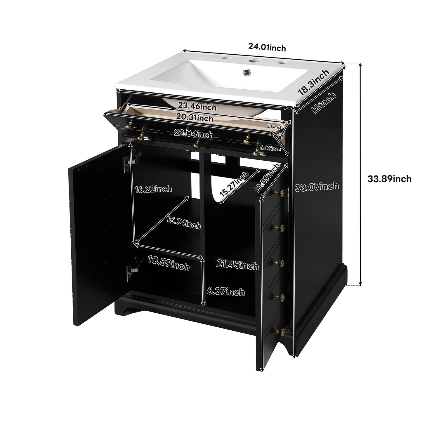 Bathroom Vanity With Drawer And Soft-Closing Doors, Sink Storage Cabinet For Small Spaces - Black