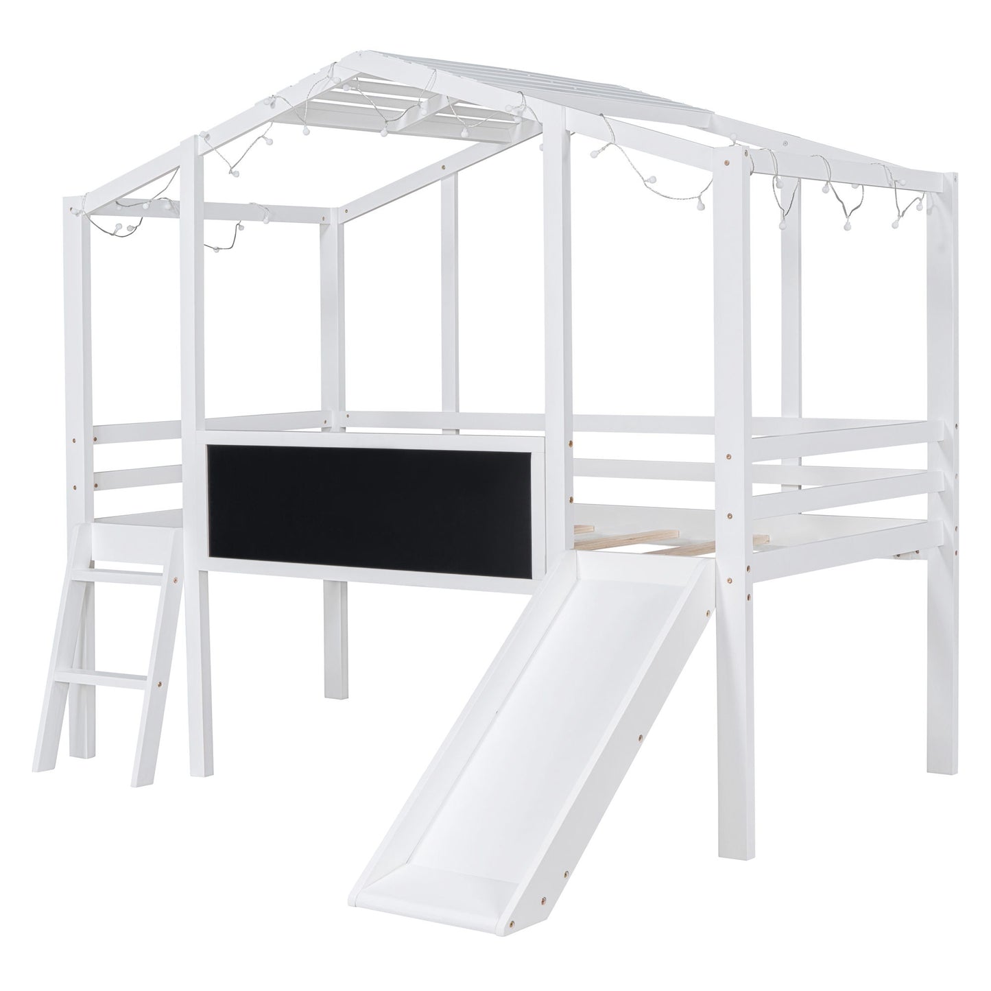 Loft House Bed With Ladder And Slide, With Blackboard And Light Strip On The Roof