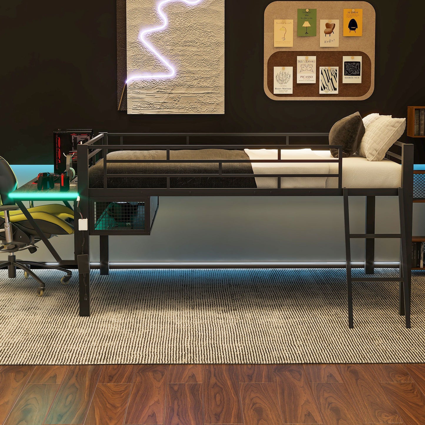 Modern Gaming Mid Loft Bed With Desk And LED Lights