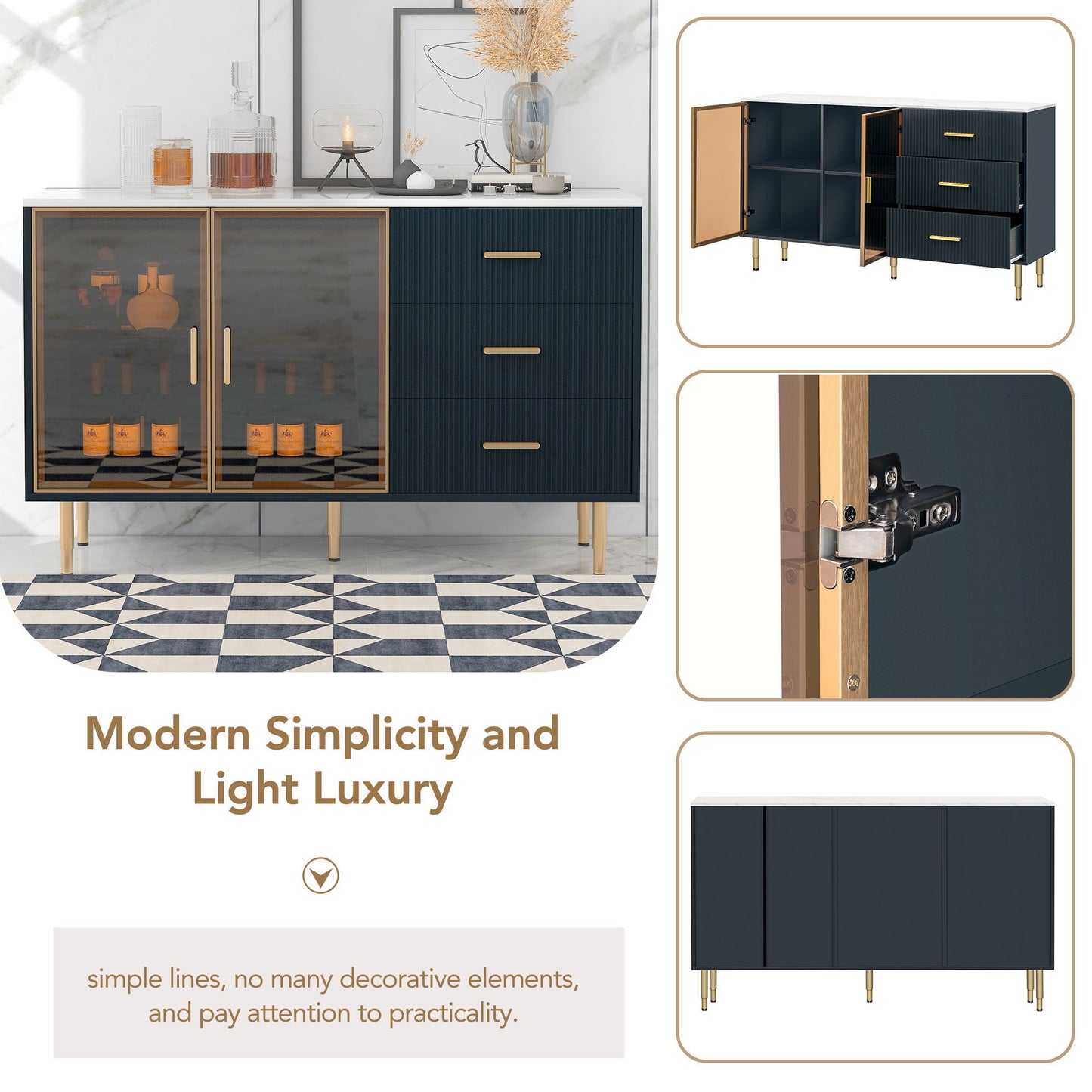 Modern Sideboard Buffet Cabinet Marble Sticker Tabletop And Amber-Yellow Tempered Glass Doors With Gold Metal Legs & Handles