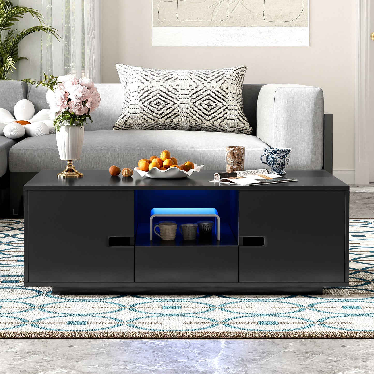 Modern High Glossy Rectangle Coffee Table With 16 Color LED Lights For Living Room