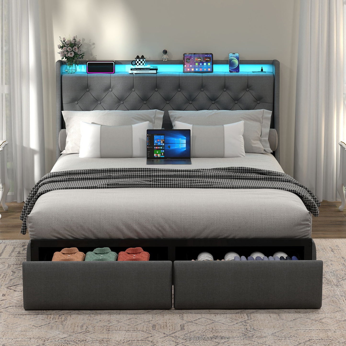 Bed Frame With Storage Headboard, RGB LED Light & USB Charging Station